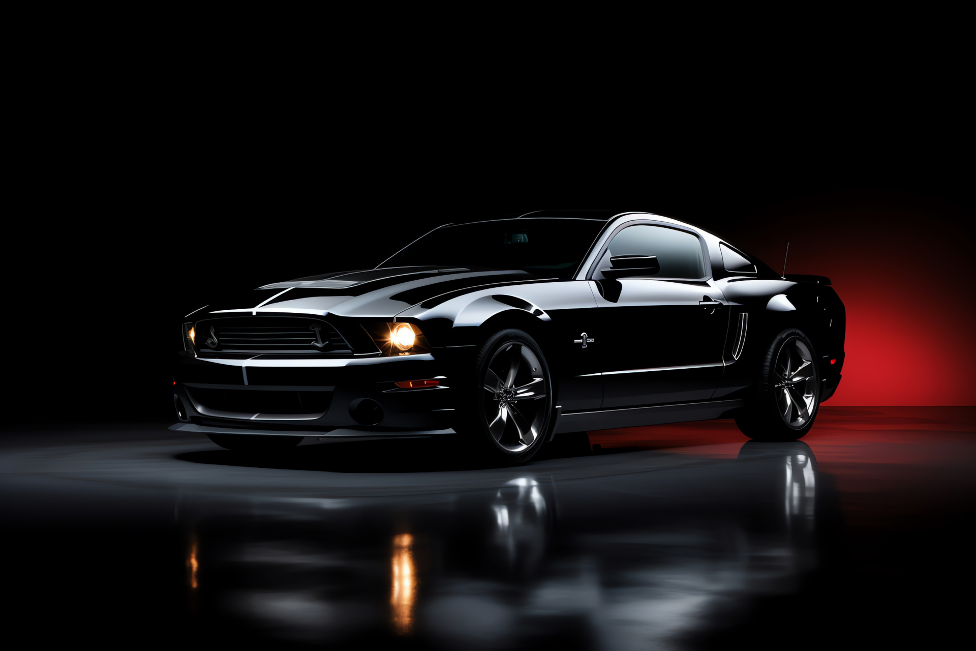 Sophisticated Mustang, Black-on-black theme, Mysterious presence, Sleek profile, Performance car, HD Desktop Wallpaper