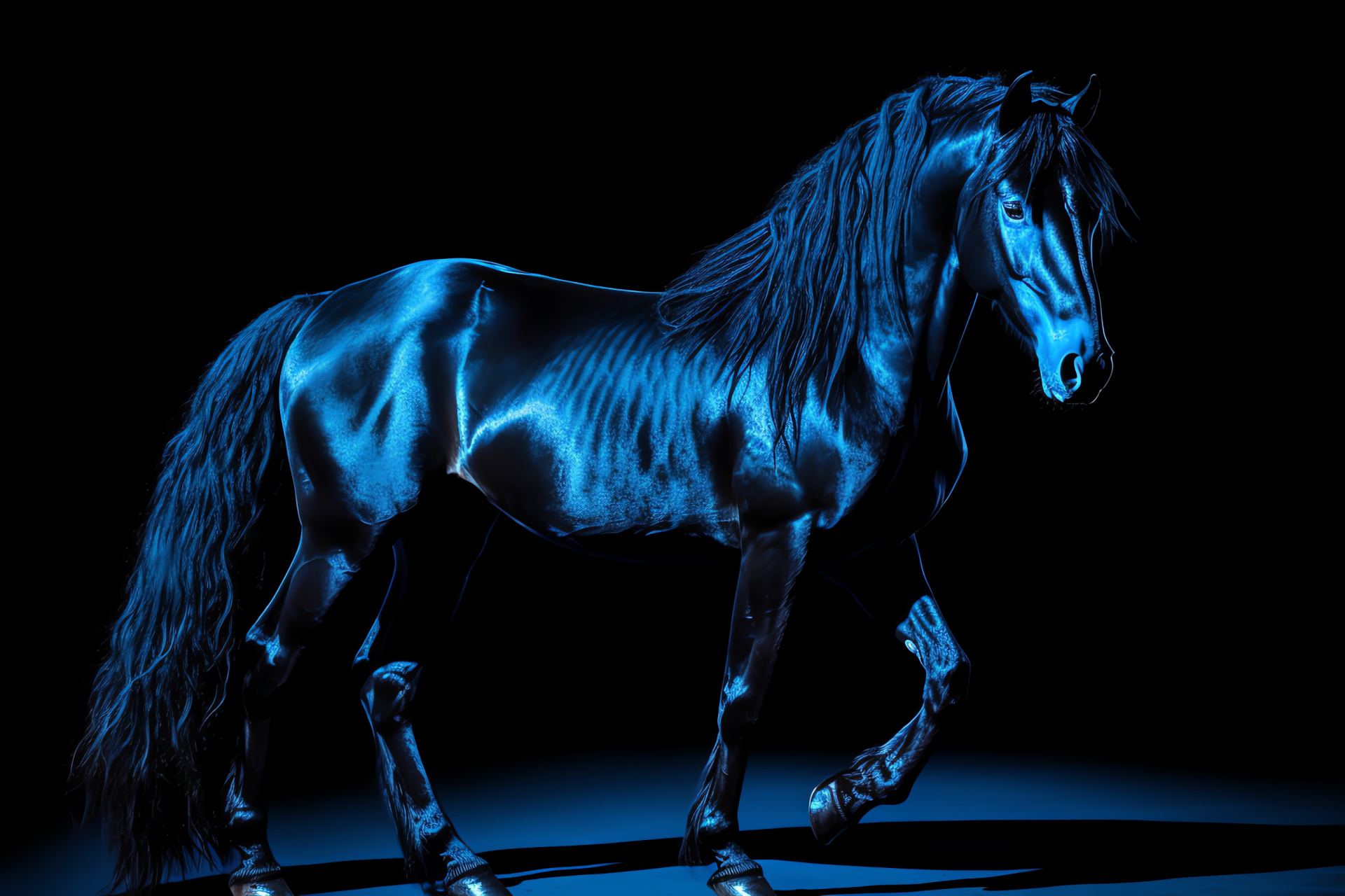 Wild Horse vigor, Muscular equine, Blue coat rarity, Free-roaming stallion, Black background solitude, HD Desktop Image