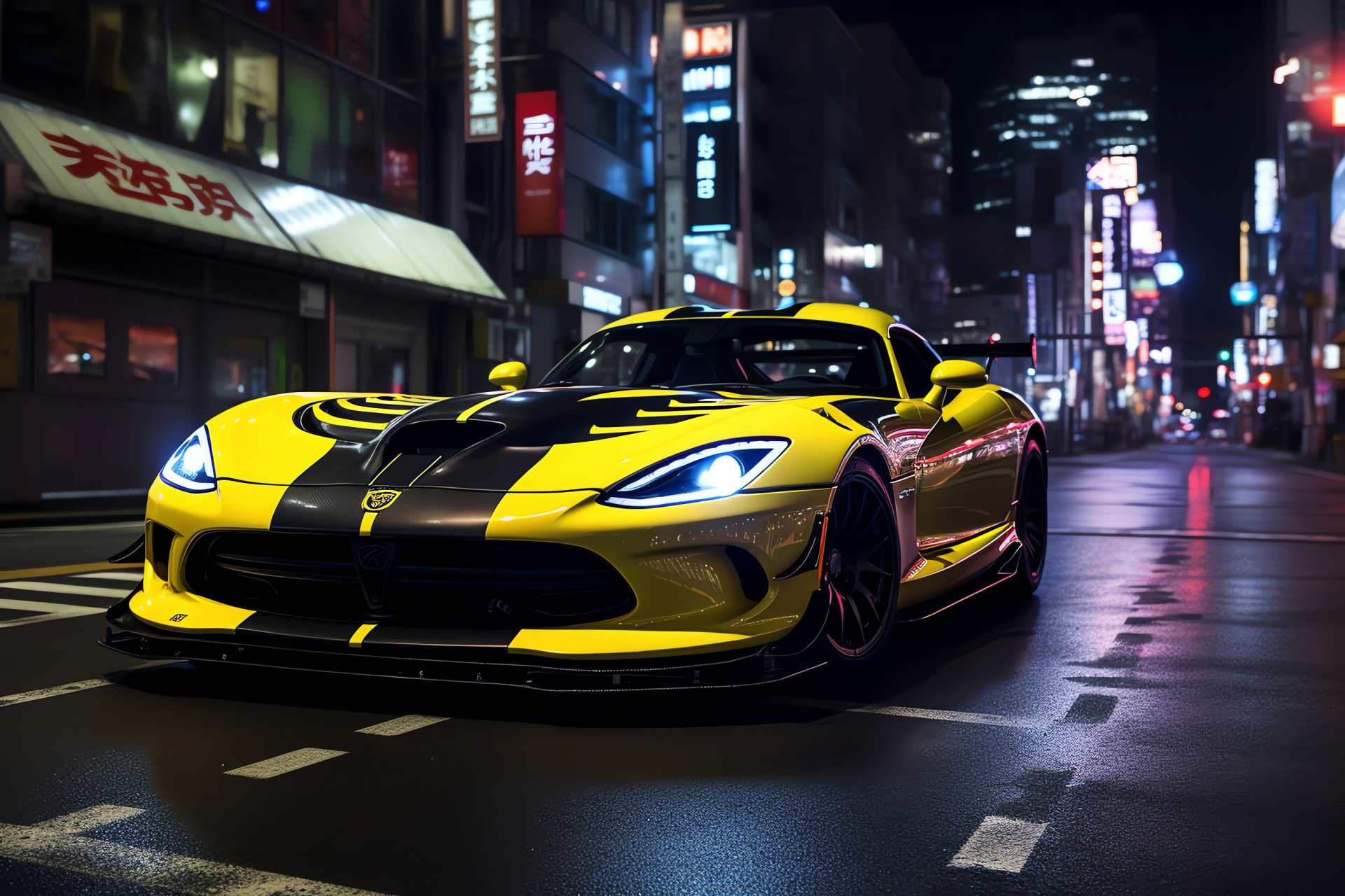 SRT Viper in Tokyo, Japanese streets, High-performance drive, Urban vibe, Iconic skyline, HD Desktop Image