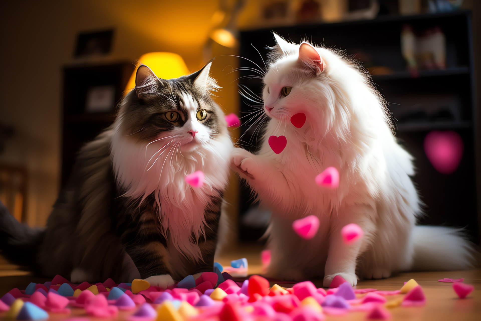 Feline Valentine celebration, Playful cat, Festive piata, Sweet treats, Party scatterings, HD Desktop Image