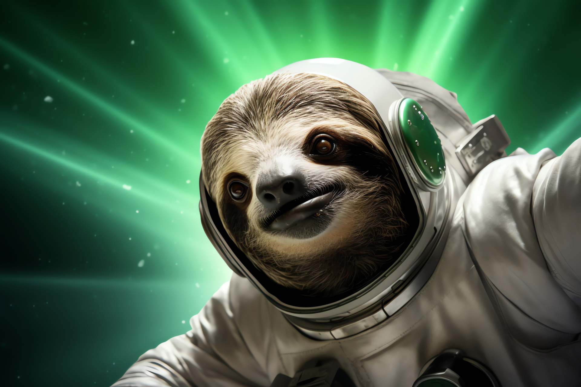 Astral Sloth Astronaut, Zero-G floatation, Fur contrasts, Galactic backdrop, Emerald gaze, HD Desktop Wallpaper