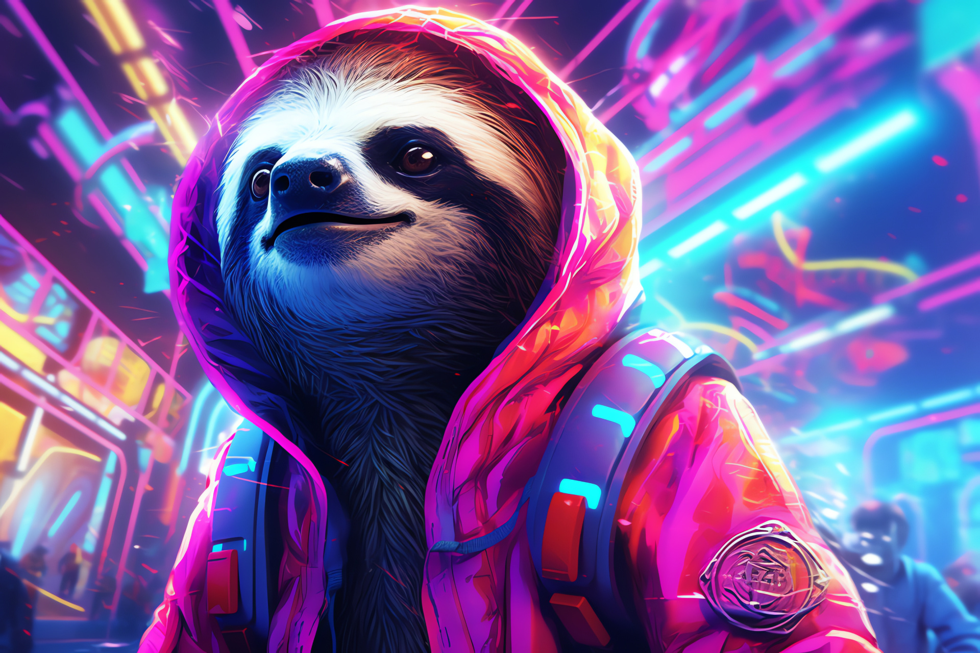 Space Sloth, High-tech city, Neon lights, Lively fur, Exuberant creature, HD Desktop Wallpaper