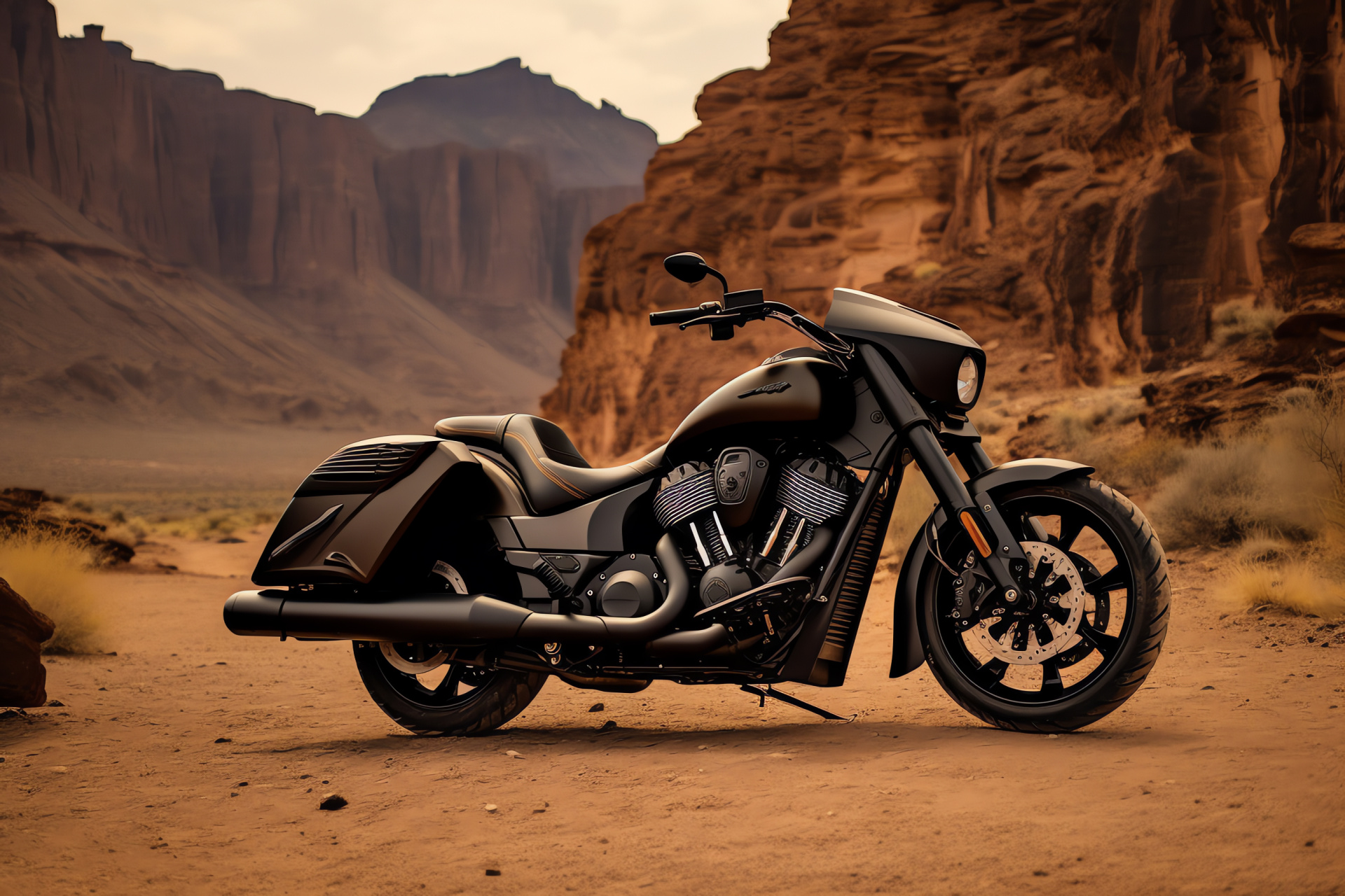 Victory Motorcycles Judge, Southwest US settings, Desert motorbike adventure, Black bike details, Dusty trail, HD Desktop Wallpaper