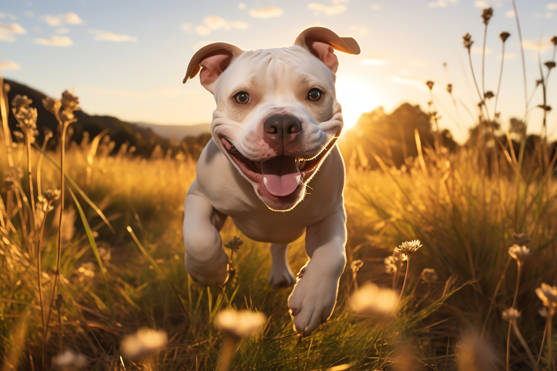 Pitbull, playful expression, amber eyes, energetic pose, grassy field, HD Desktop Image