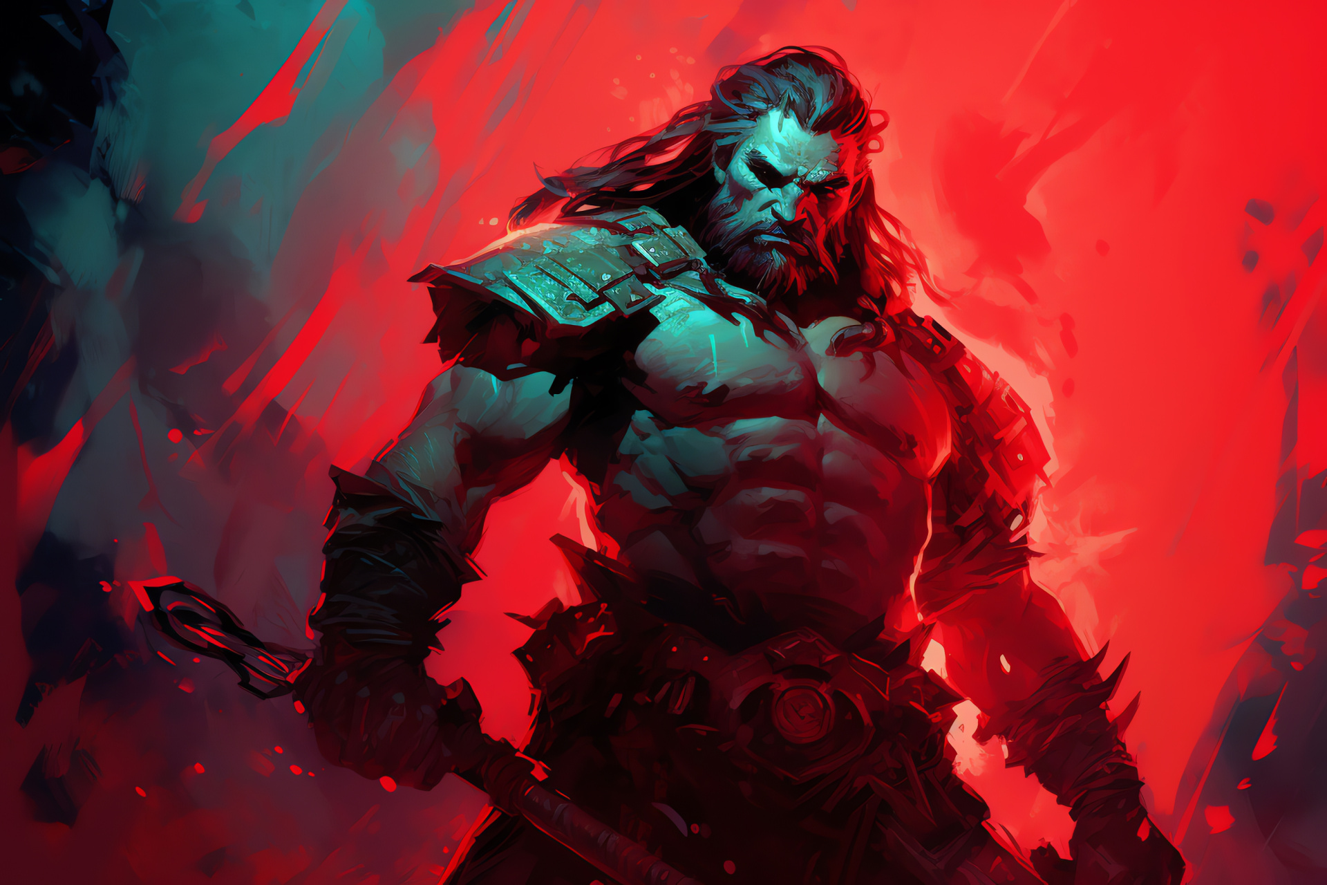 Wild planeswalker Garruk, Rugged facial features, Staff wielding stance, Intense character portrait, Red monochrome backdrop, HD Desktop Image