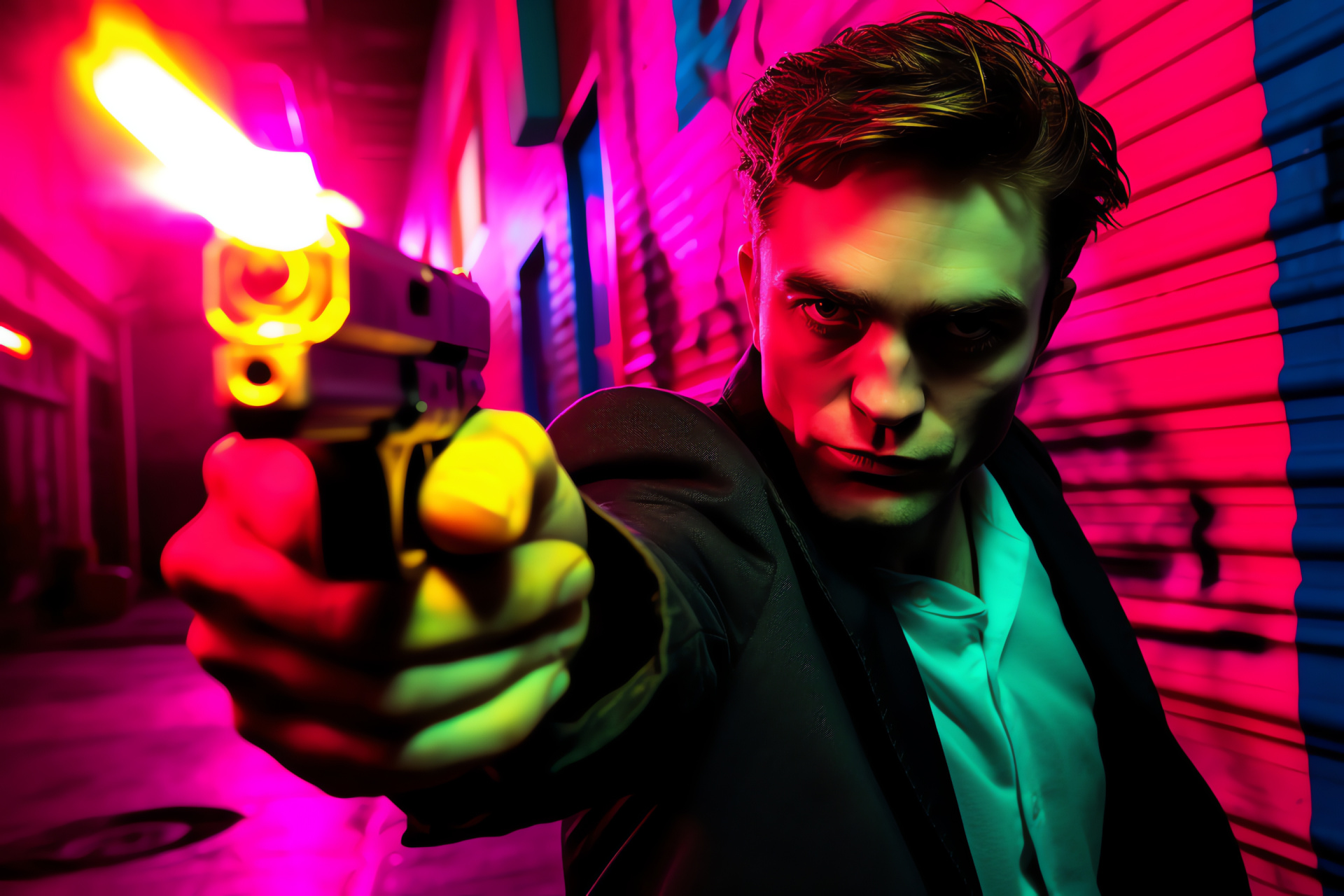 Robert Pattinson, Dark setting, Armed figure, Urban artwork, Edgy ambiance, HD Desktop Wallpaper