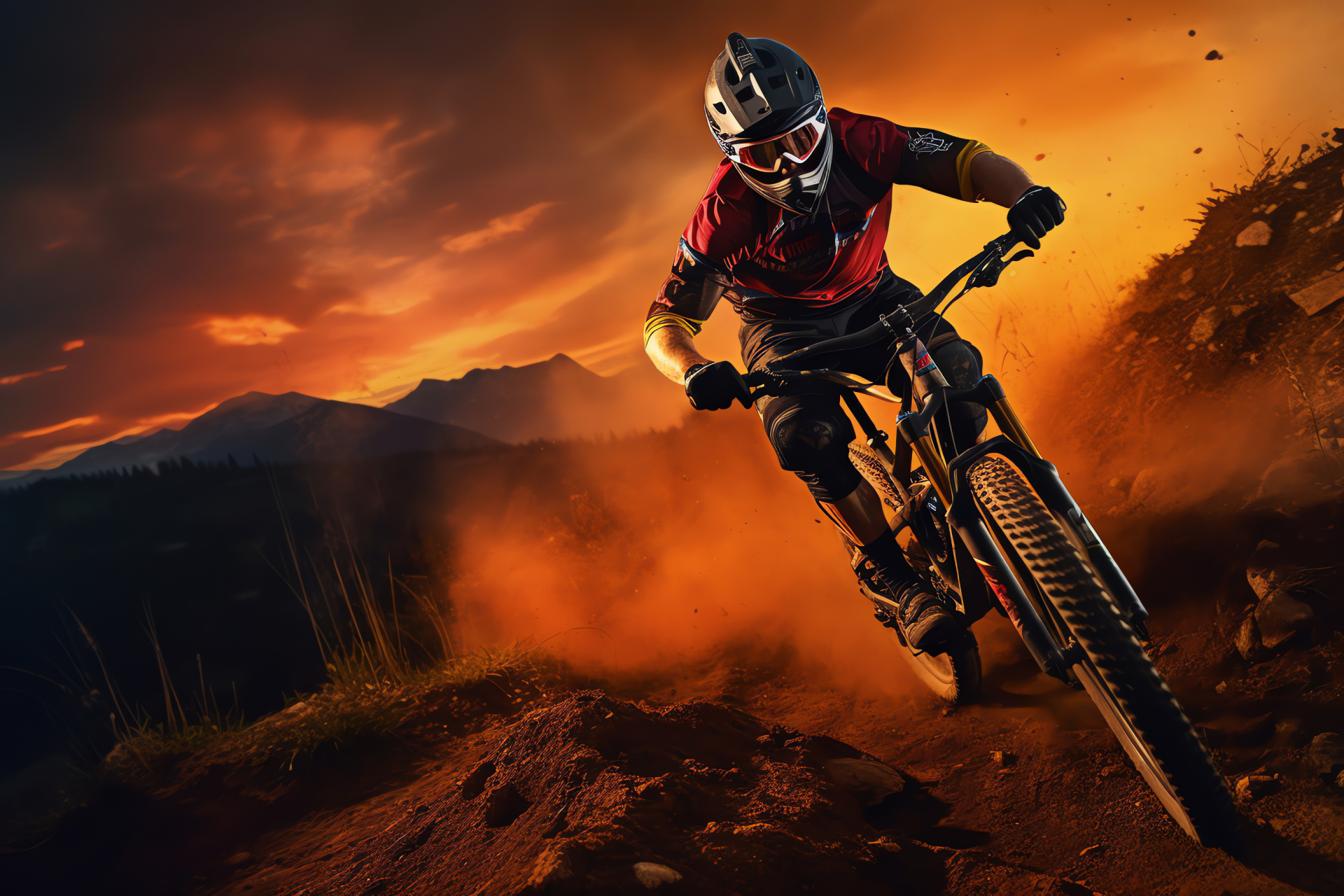 Dynamic mountain biking, Biker conquering trail, Fluorescent cycling scene, Intense sporting moment, Inspiring bike landscape, HD Desktop Wallpaper