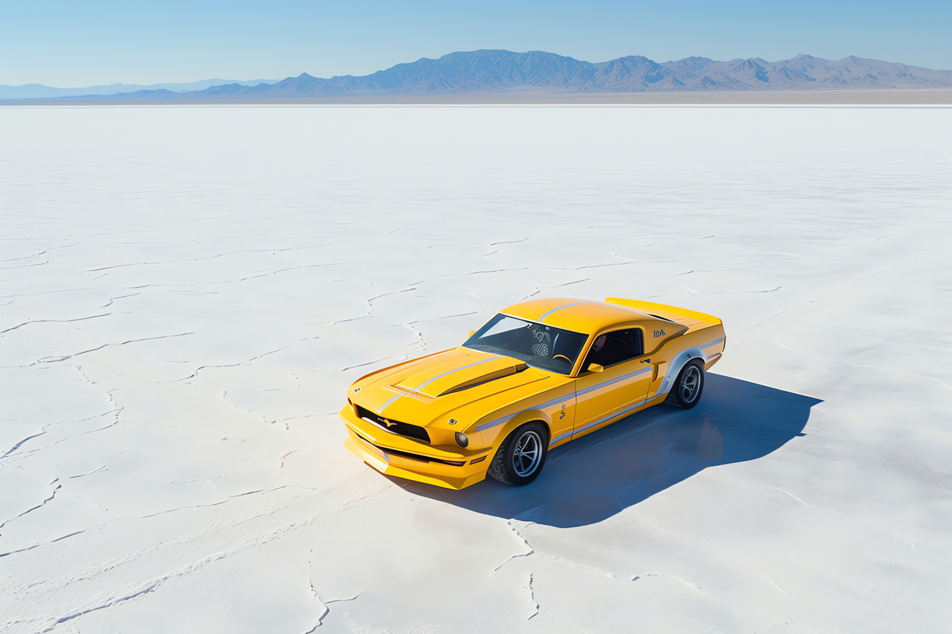 Ford Mustang Mach 1, Salt Flats expanse, Aerial desert view, Vivid blue and white contrast, Performance muscle car, HD Desktop Image