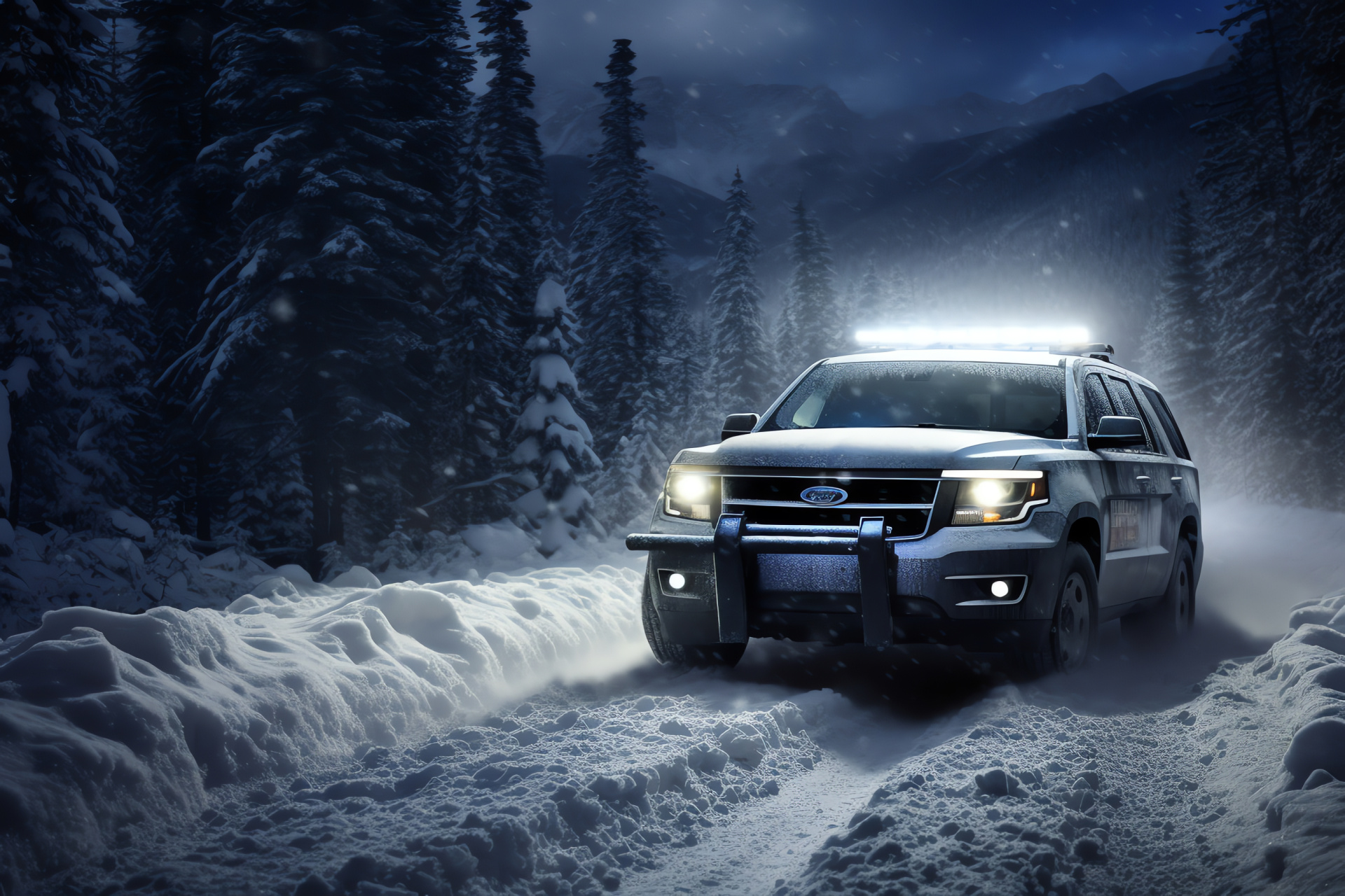Police SUV in Rockies, Emergency winter vehicle, All-wheel drive patrol, LED emergency lights, Snow patrol, HD Desktop Wallpaper