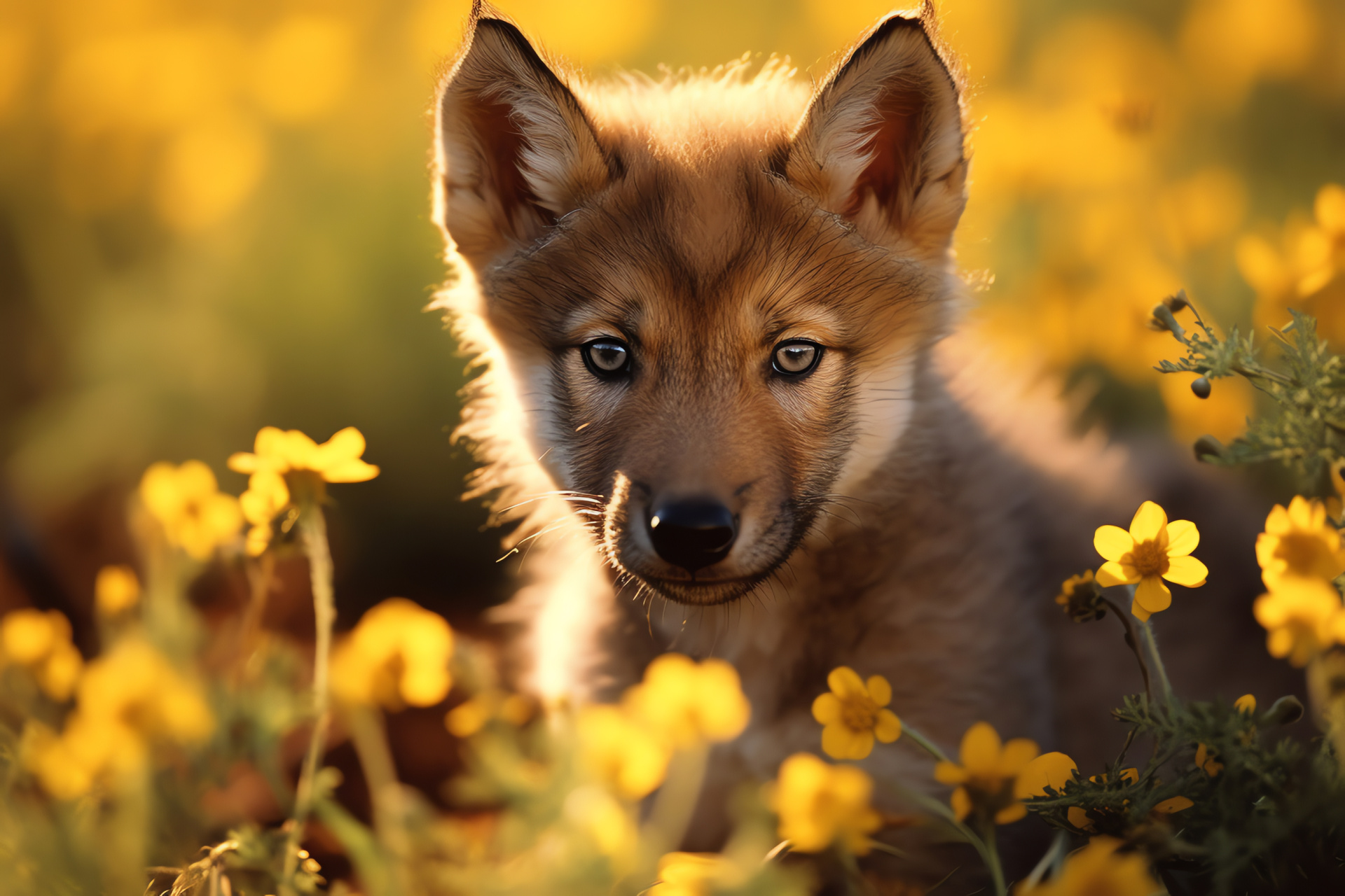 Juvenile wolf portrait, Cub golden eyed, Tan pelt innocence, Wildlife offspring image, HD Desktop Wallpaper