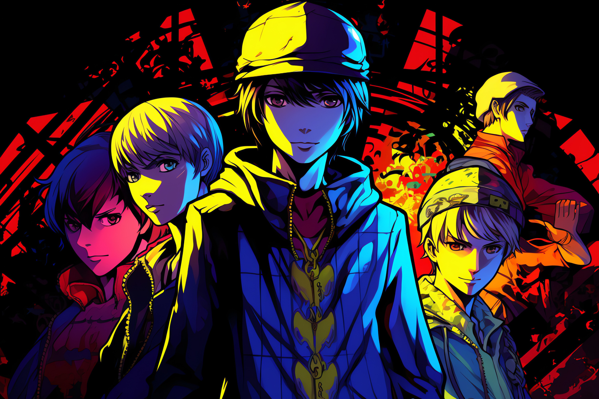 Persona 4 HD, Collective detectives, Nightly realm, Virtual illustration, Avant-garde styles, HD Desktop Image