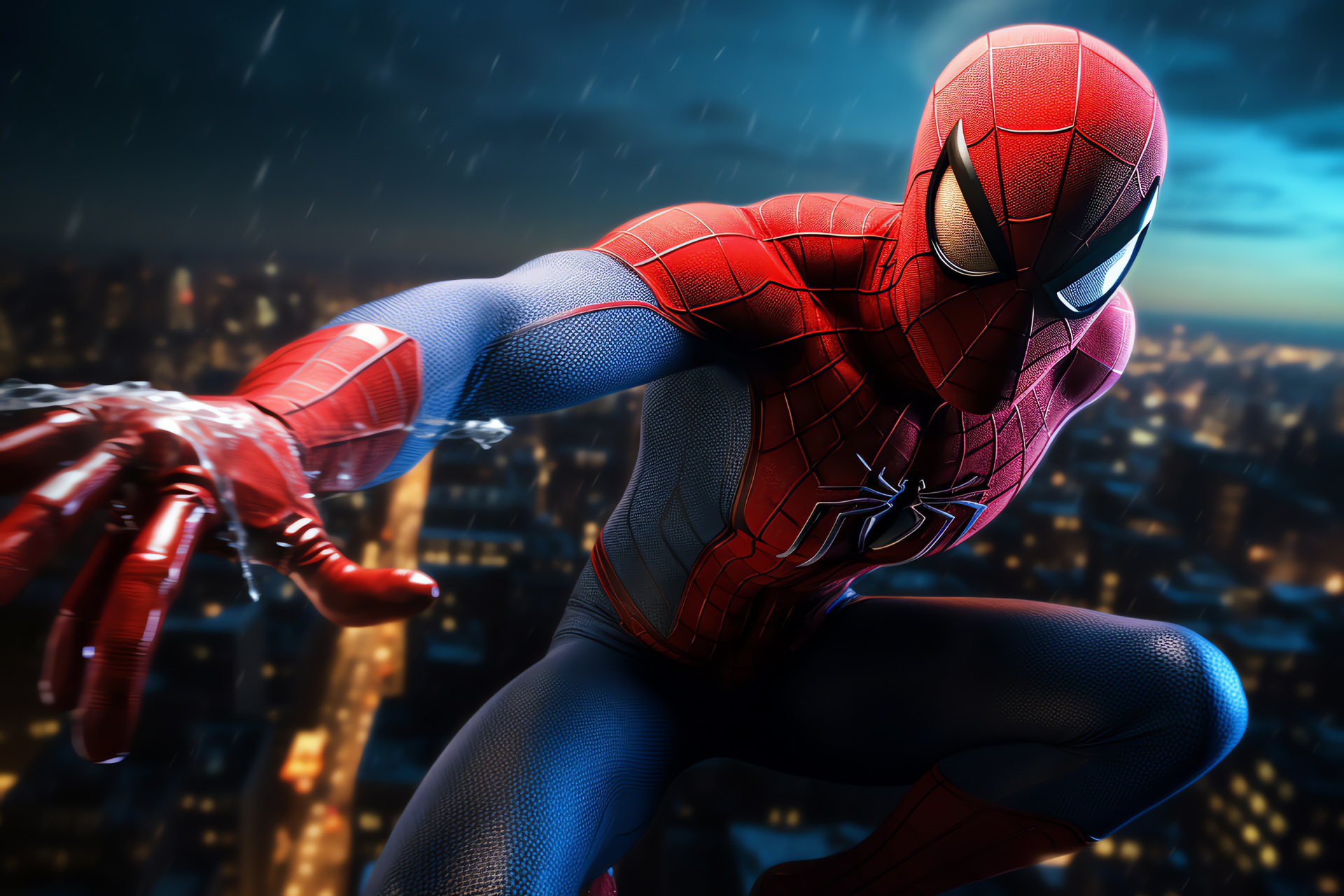 Spiderman, Urban vigilante, Cityscape adventure, Web-slinging superhero, Nighttime skyline, HD Desktop Wallpaper