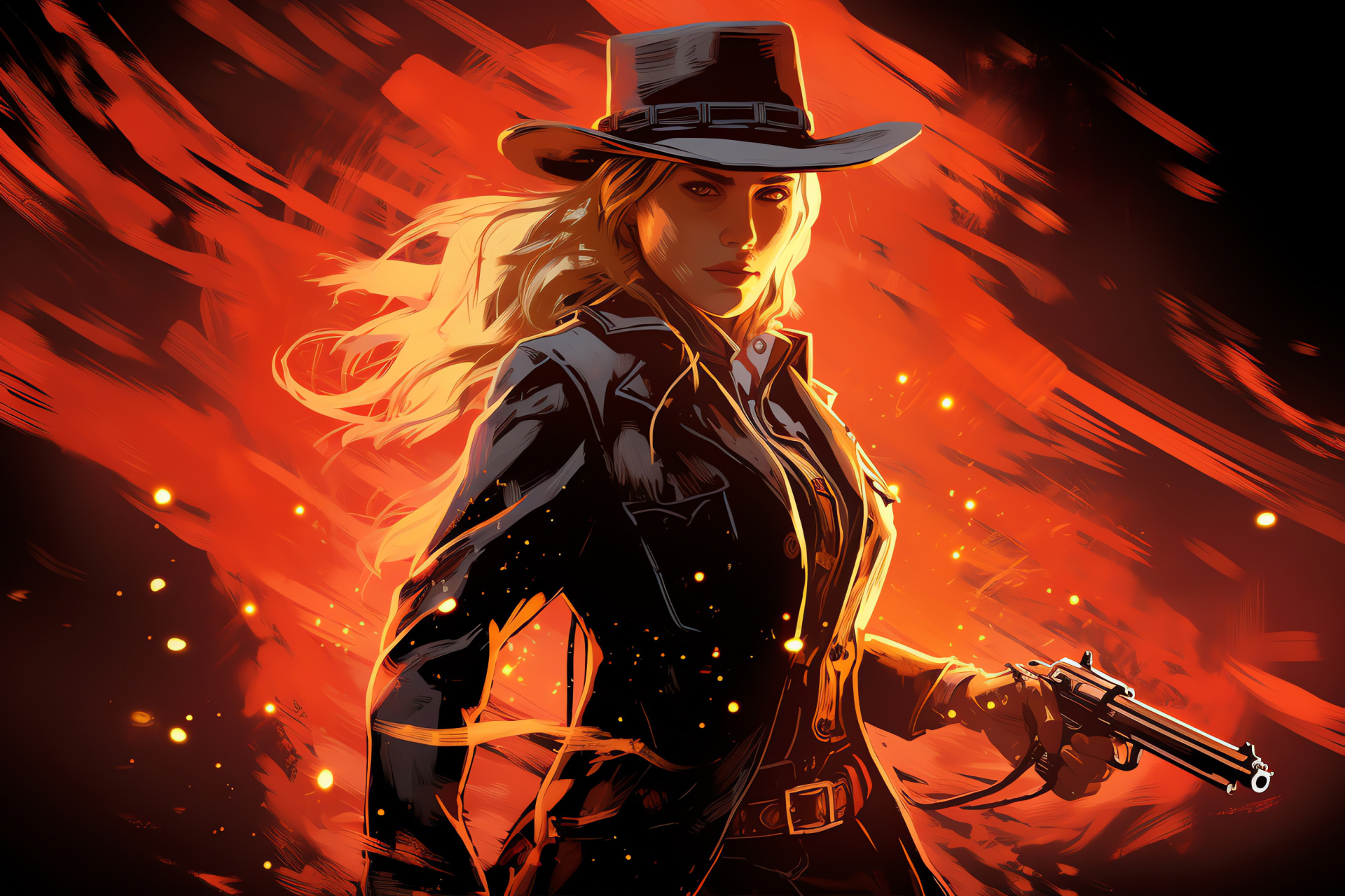 Sadie Adler character, Tough appearance, Shotgun handling, Swirling line effect, Purple hue ambiance, HD Desktop Wallpaper