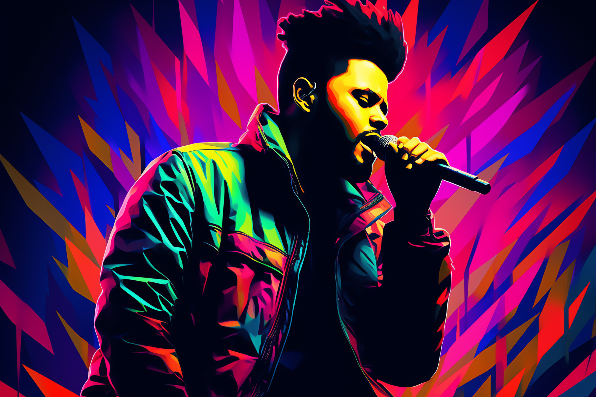 The Weeknd set against abstract geometry, focused intense gaze, assured confident stance, innate performer's charisma, HD Desktop Image
