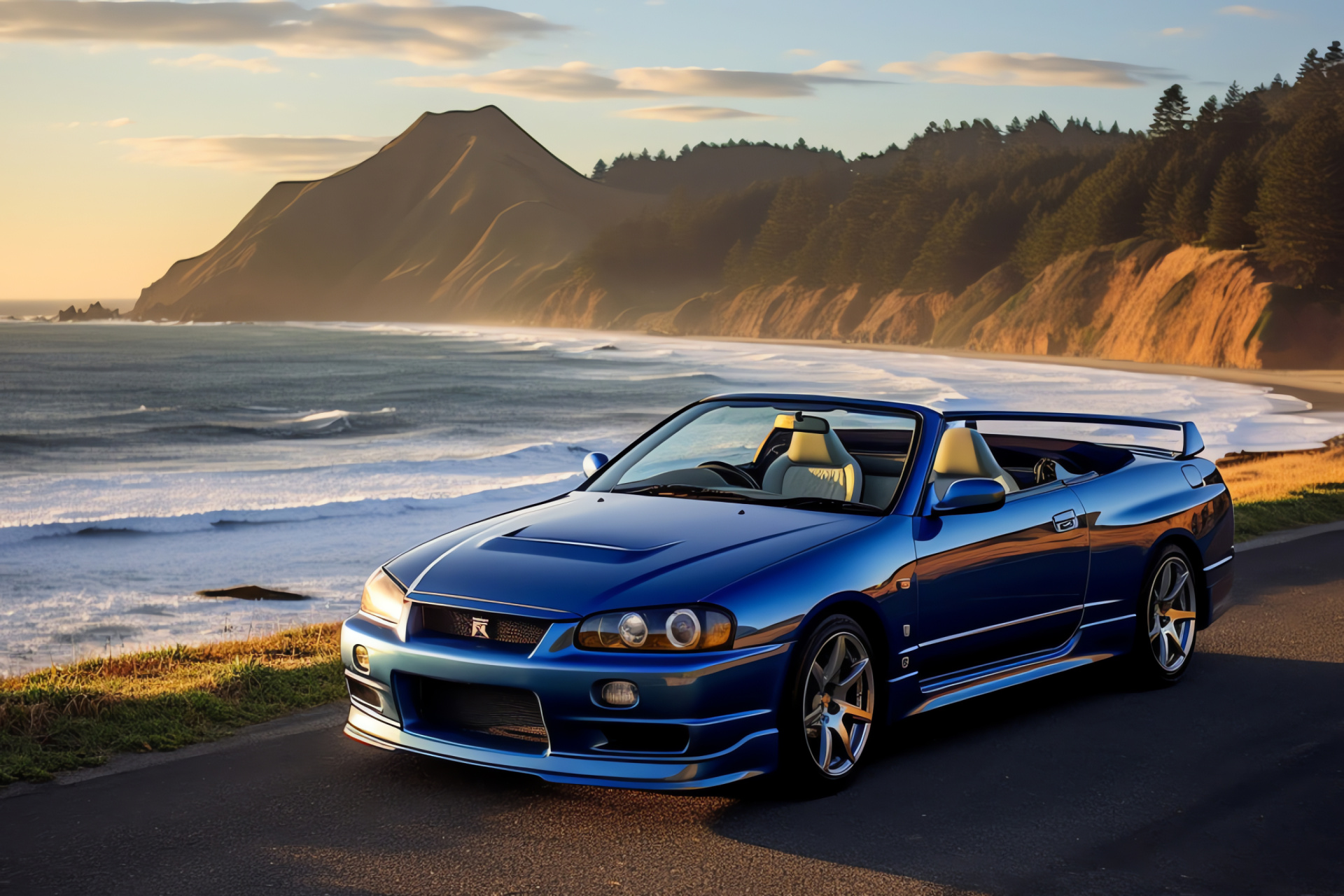 Nissan Skyline GTR R33, California journey, Scenic Pacific Highway, Sleek convertible, Ocean reflections, HD Desktop Image