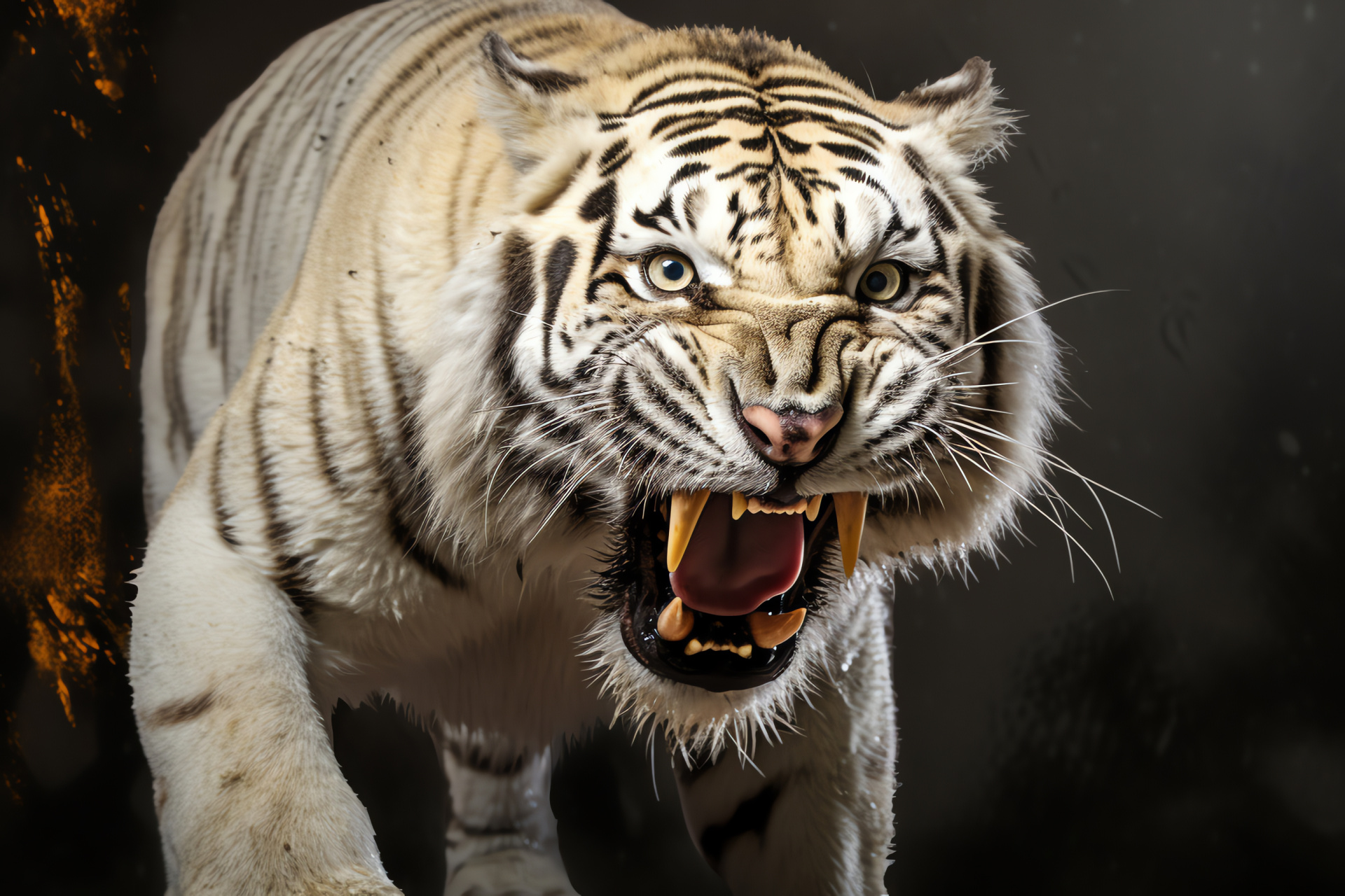 Saber Tooth Tiger, extinct predator, piercing yellow eyes, fierce appearance, Pleistocene epoch, HD Desktop Image