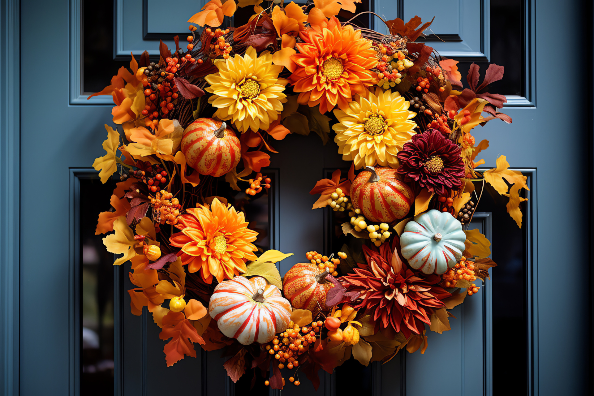 Beautiful entryway, floral arrangement, seasonal welcome, harvest door, picturesque decor, HD Desktop Wallpaper