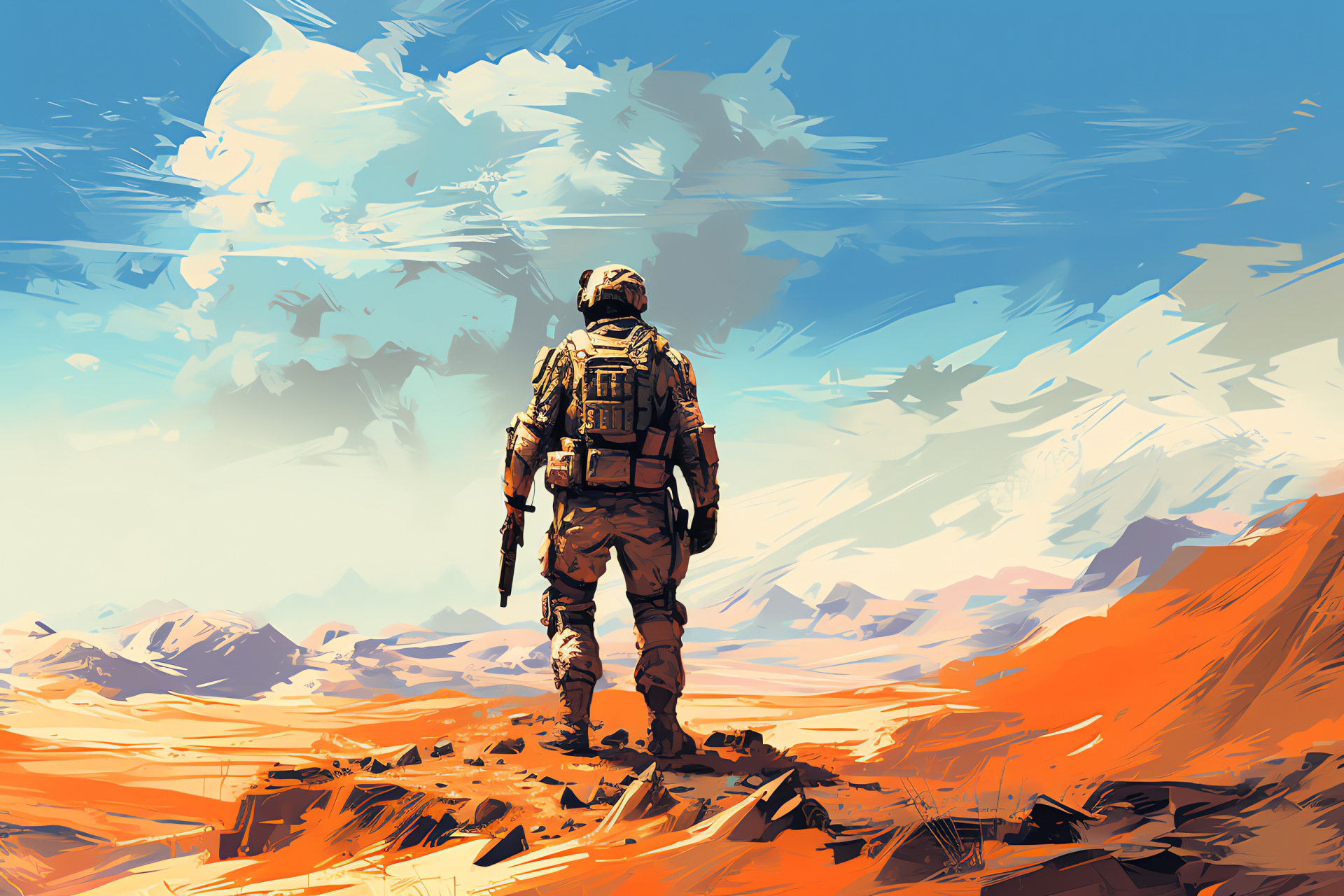 Individual trooper stationing, desert operations, sandy terrain expertise, soldier solitude, hostile environment, HD Desktop Image