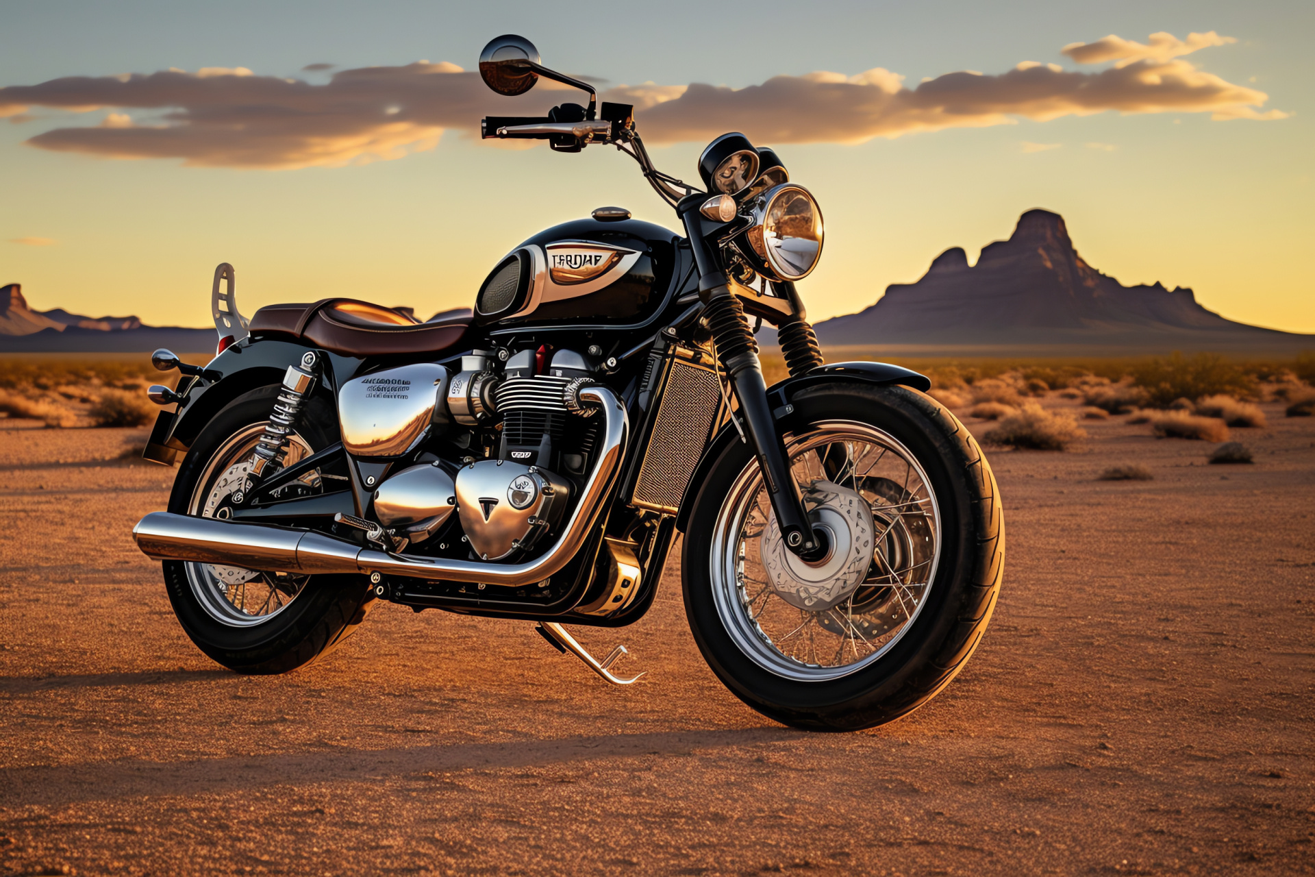 Triumph T120 on Route 66, American road legend, Iconic blackchrome bike, Motoring history, Sunlit desert ride, HD Desktop Wallpaper