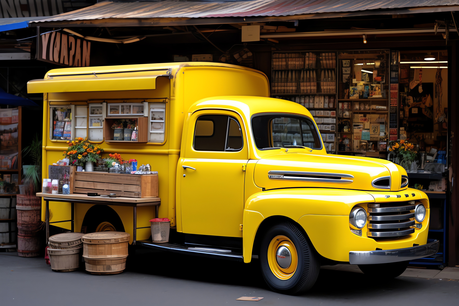 Ford Panel Truck, Swap meet, Sunshine-colored, Bold vintage graphics, Classic advertising, HD Desktop Image