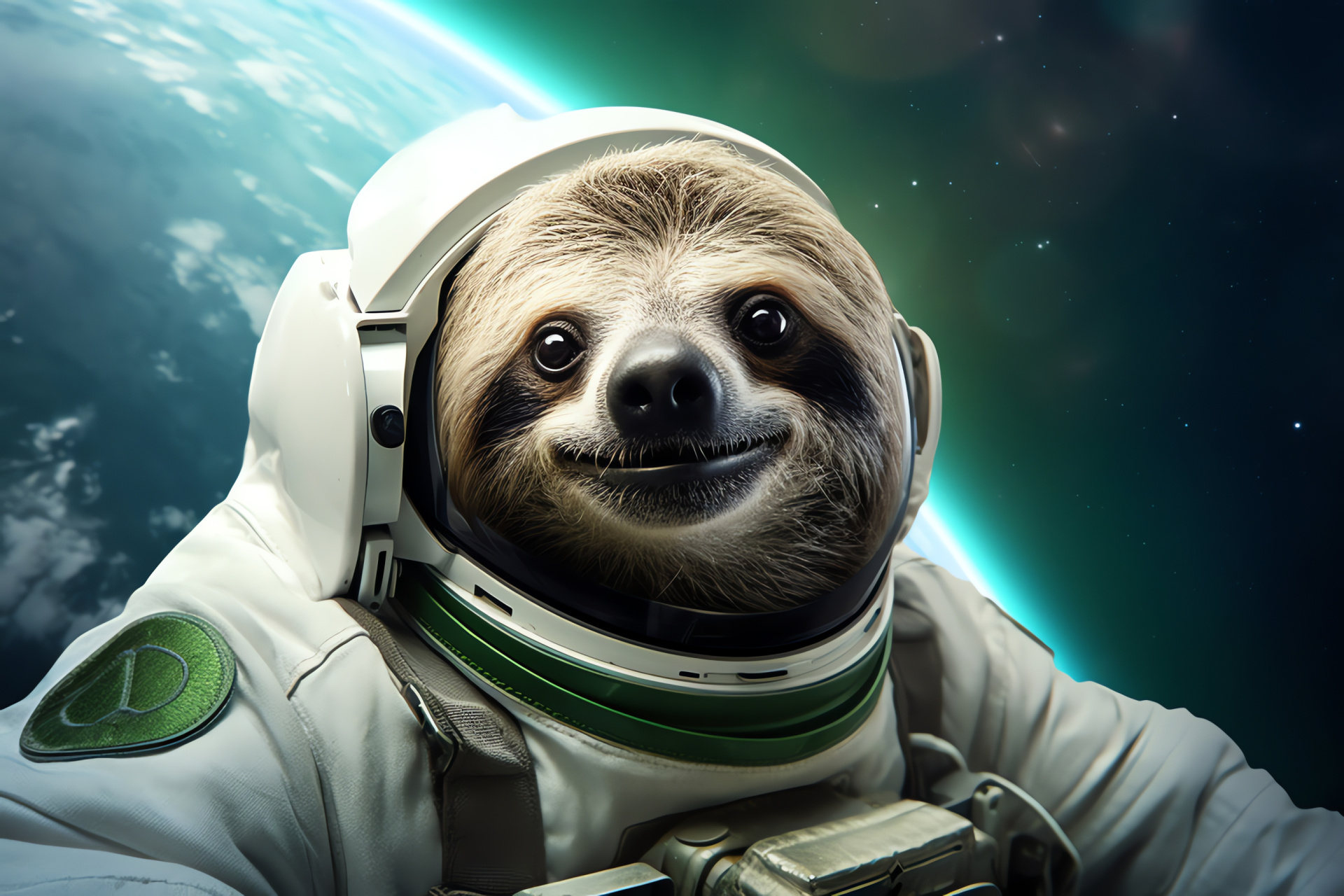 Weightless Sloth Astronaut, Microgravity effect, Dual-tone space background, Light gray fur, Green eye detail, HD Desktop Image