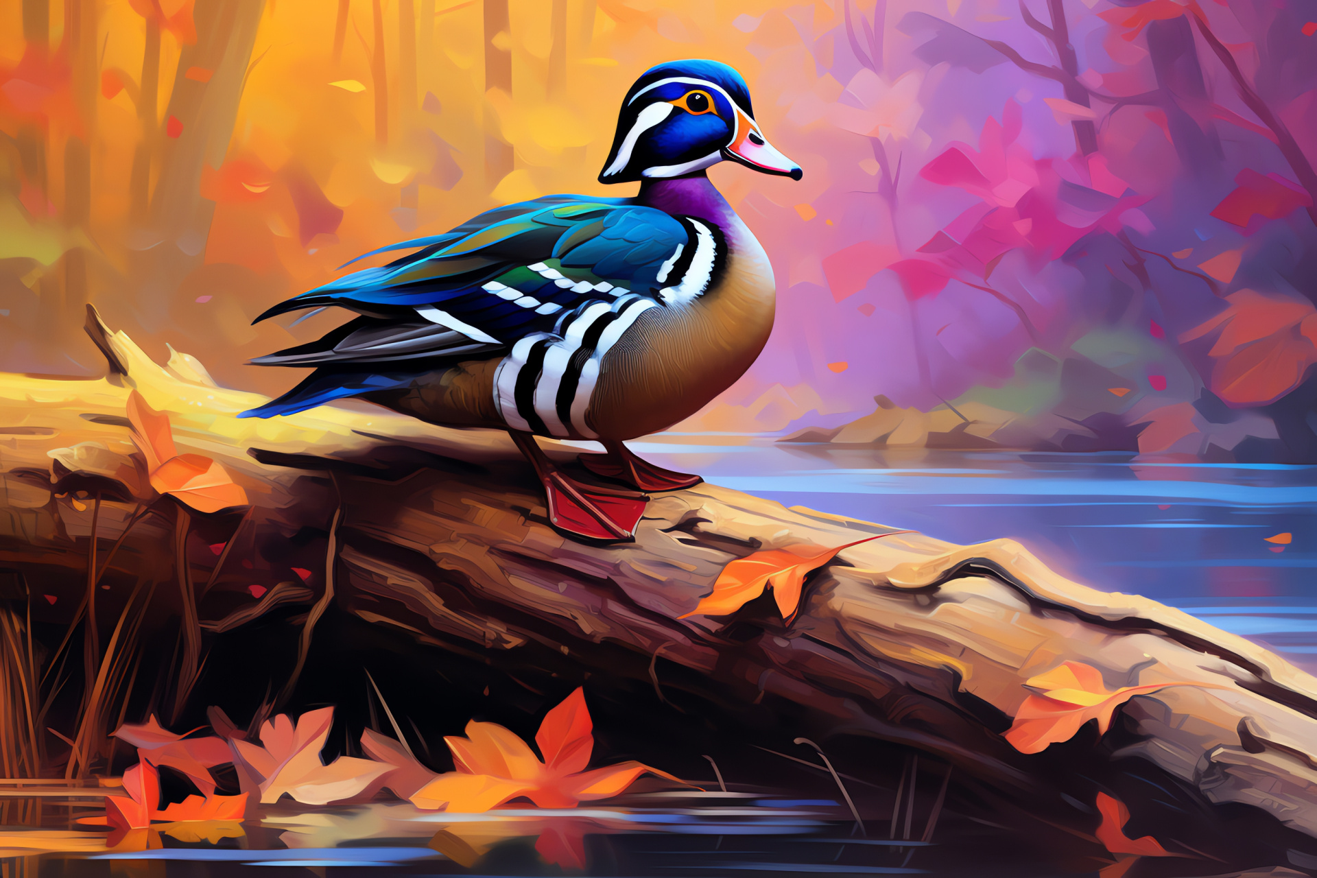 Wood Duck, autumnal habitat, male bird, ornate feathering, riparian fauna, HD Desktop Wallpaper