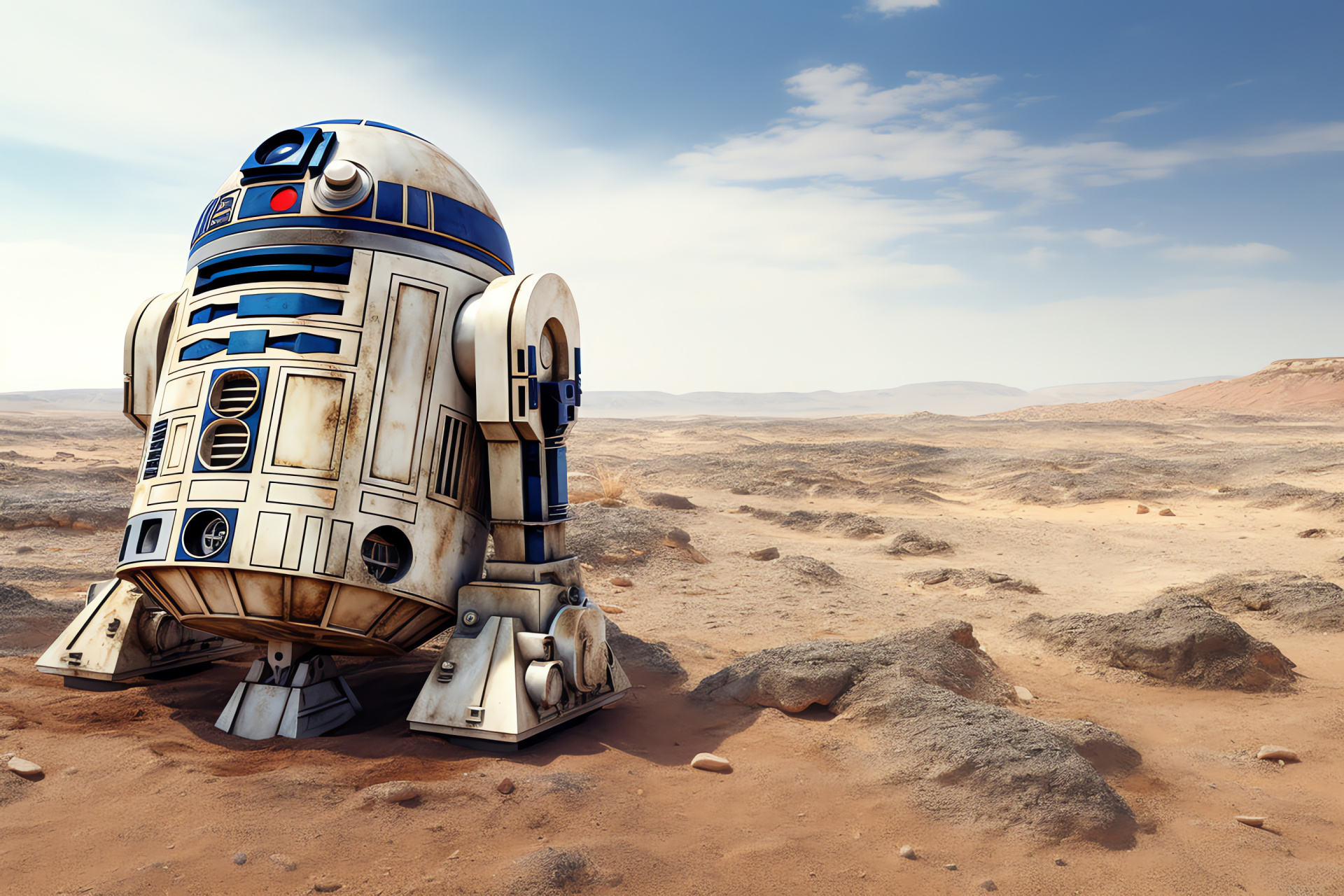 Droid R2-D2 on Jakku, expansive desert vista, intergalactic ambiance, desert roaming robot, epic saga setting, HD Desktop Image