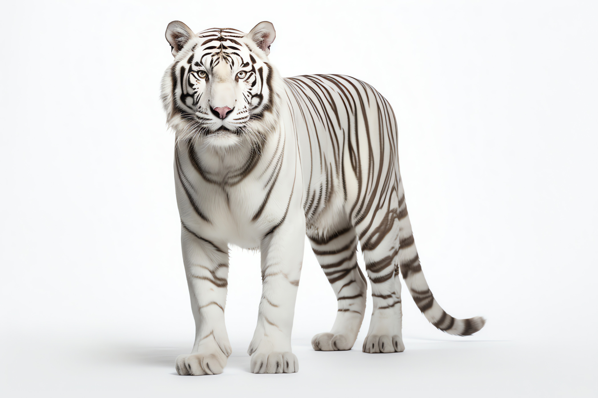 Elegant White Bengal Tiger, Full length tiger stance, Predatory feline poise, White natural background, Regal animal posture, HD Desktop Image
