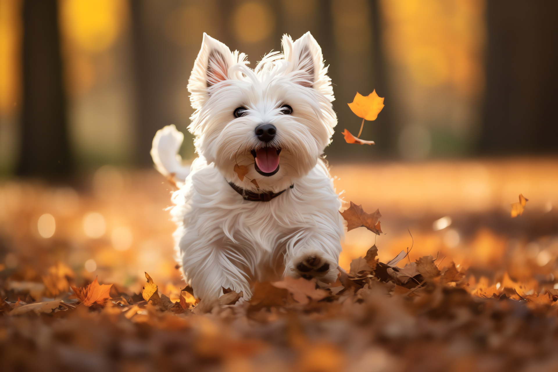 Highland breed dog, Canine with dark gaze, Fur-covered quadruped, Autumnal setting, Deciduous foliage, HD Desktop Wallpaper