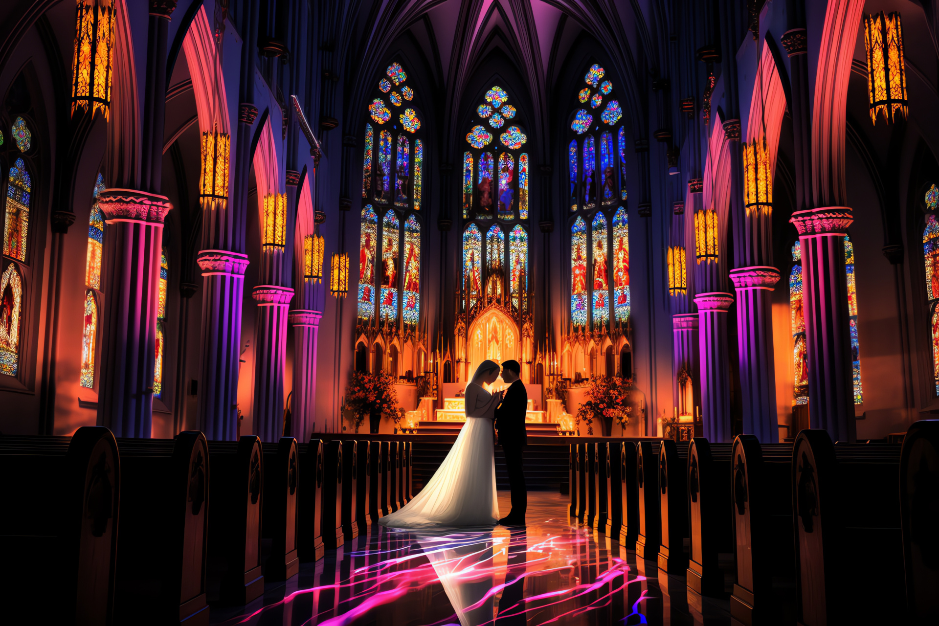 Passionate symbol, ecclesiastical setting, wax lights, colored panes, ceremonial area, HD Desktop Image