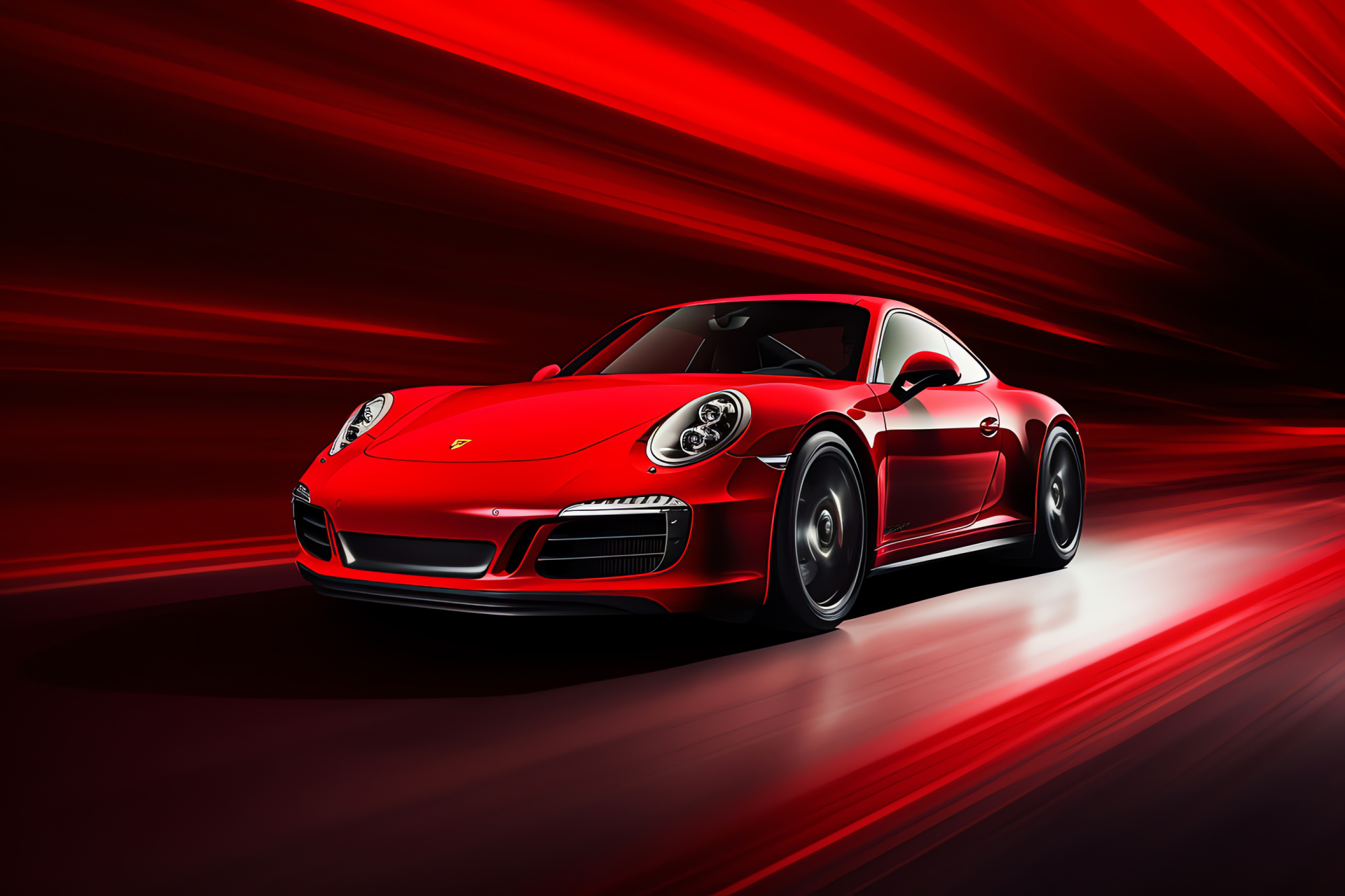 Porsche 911 action, Red sports car, Lively automotive hue, Vehicle movement, Monochromatic setting, HD Desktop Wallpaper