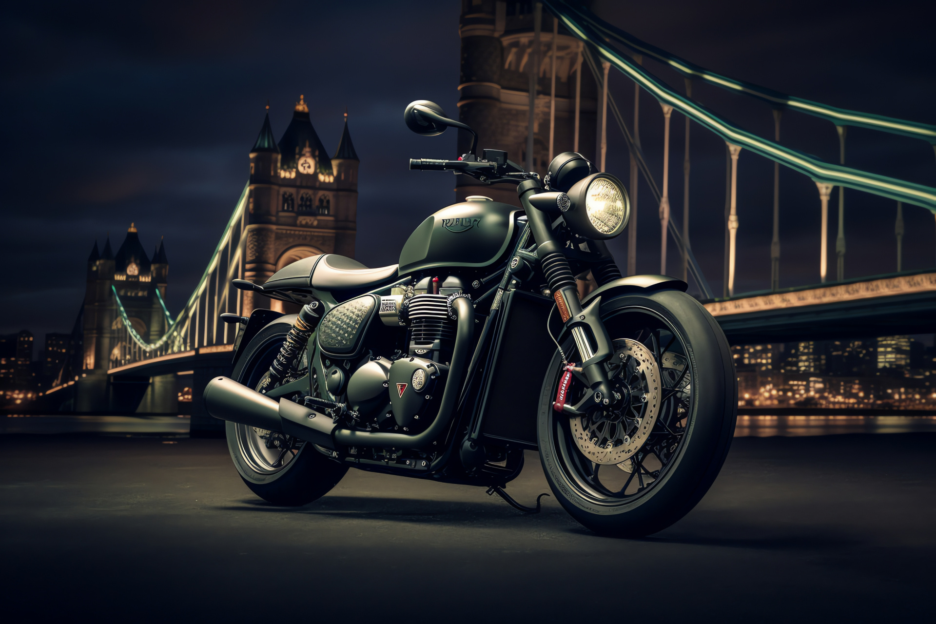 Triumph Bonneville Bobber, Tower Bridge scene, green matte finish, English capital, custom motorcycle, HD Desktop Image