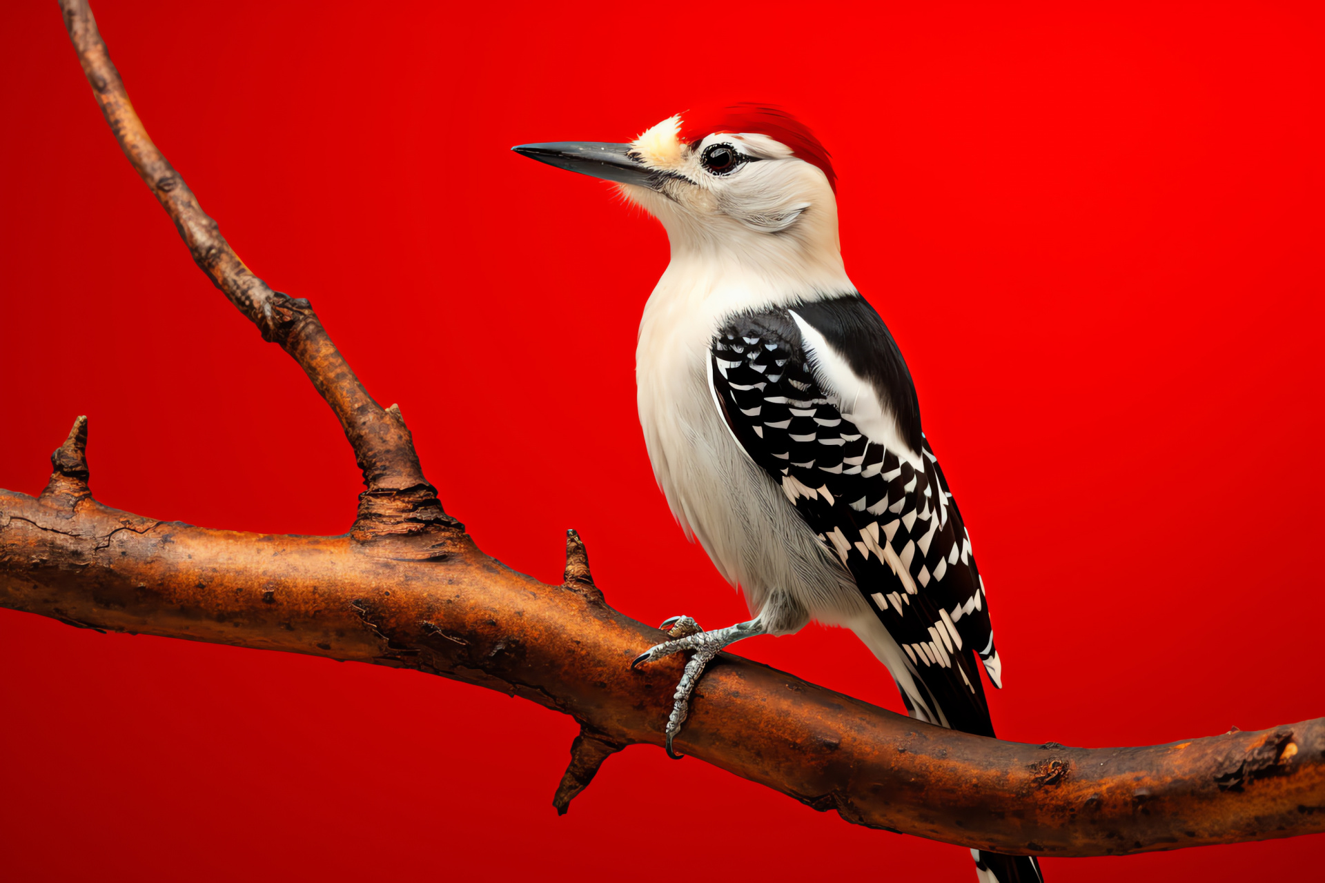 Red plumage, White contrasts, Bird focal point, Vivid backdrop, Avian detail, HD Desktop Image