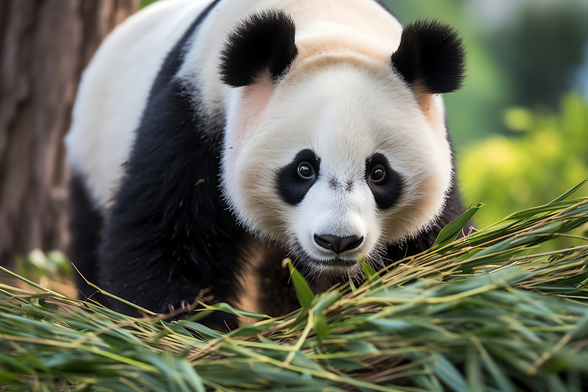 Panda, Playful bear antics, Black and white pattern, Zoological park environment, HD Desktop Wallpaper