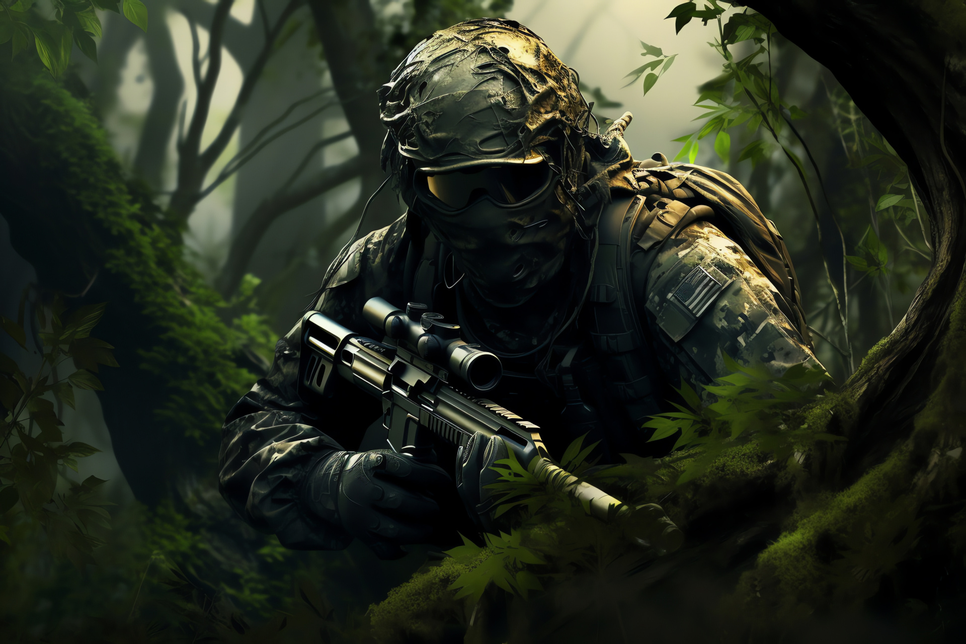 Stealth gameplay, Sharpshooter in concealment, Natural environment, Warfare costume, Armed combat, HD Desktop Wallpaper