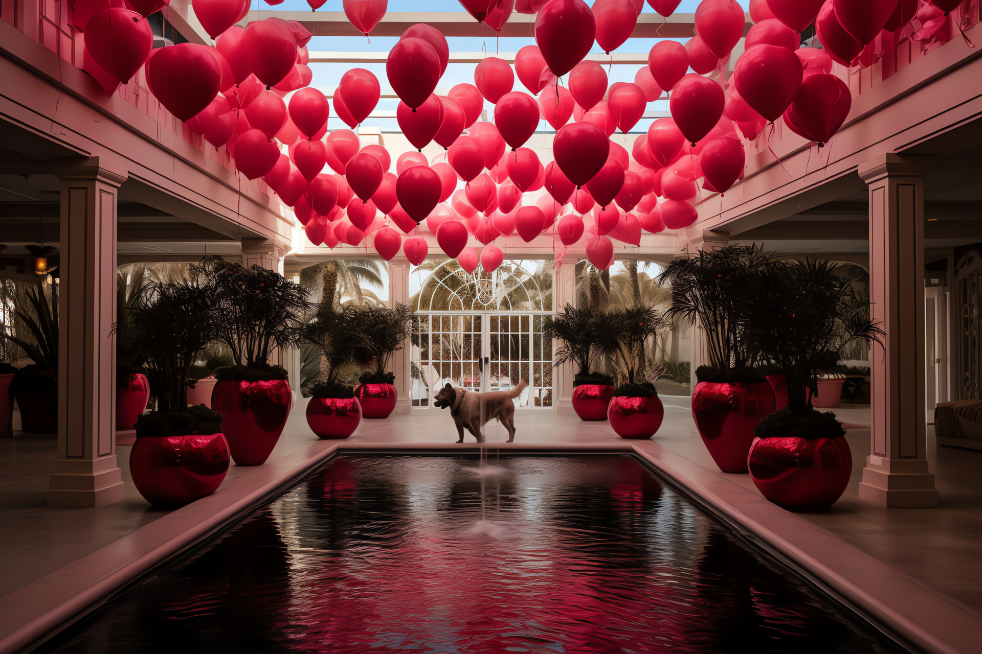 Canine Valentine's occasion, Pet-accommodating establishment, Festive foyer, Botanical decor, Romantic centerpiece, HD Desktop Image