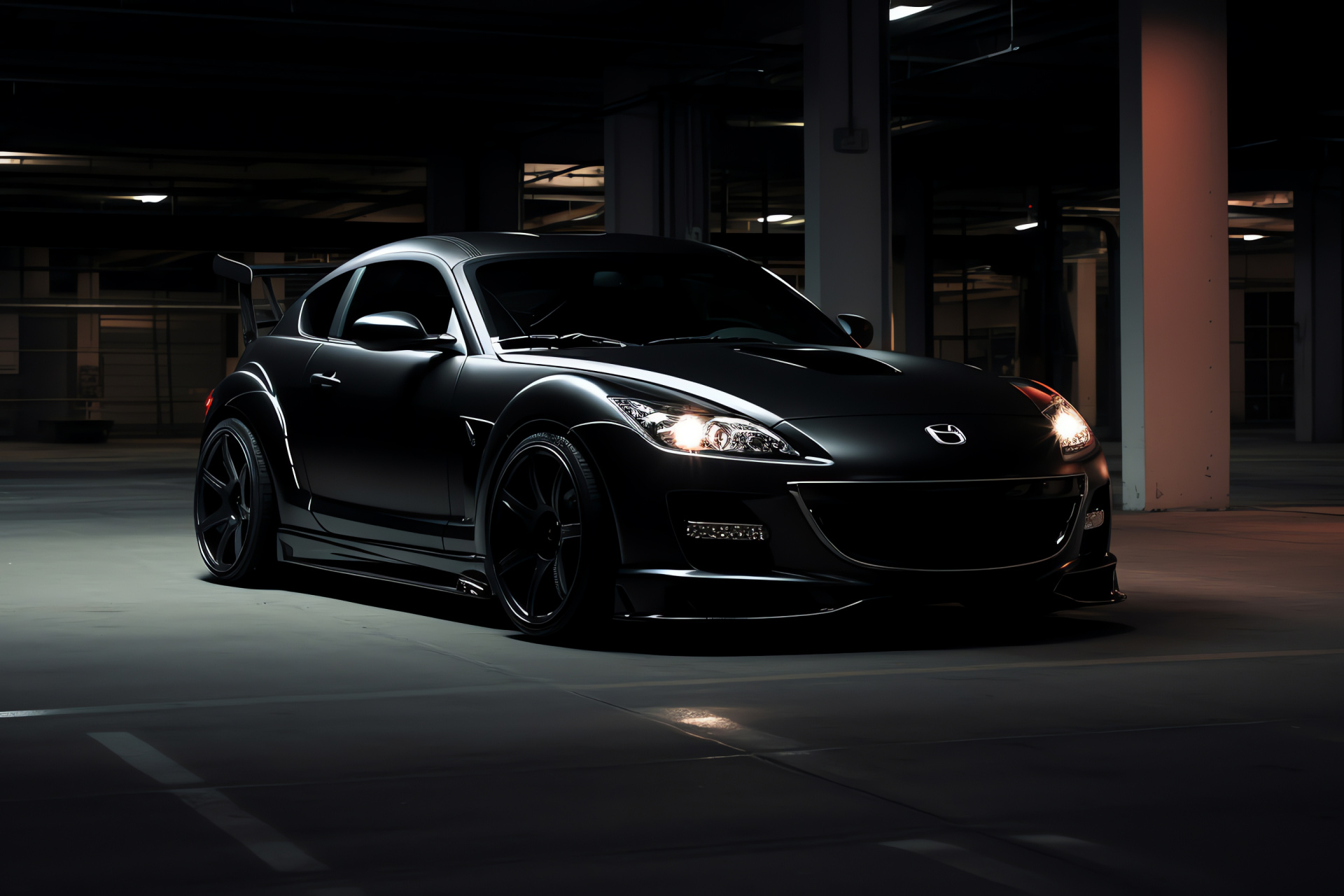 Mazda RX8, Matte-black automobile, Underground automotive setting, Aerodynamic vehicle design, Bold sports car grille, HD Desktop Image