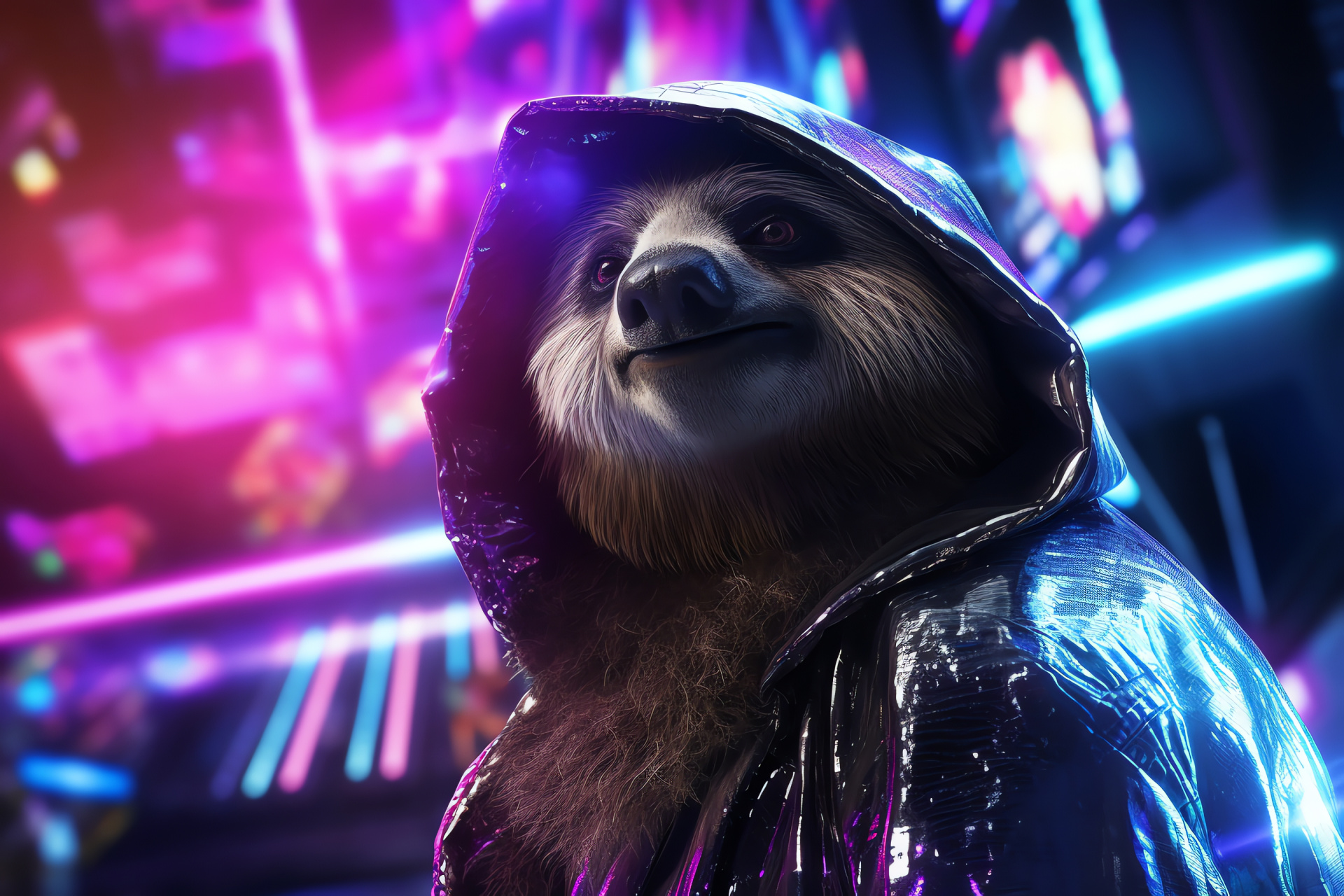 Fashionable Space Sloth, Black and silver fur, Stardust metropolis, Neon cityscape, Night life, HD Desktop Wallpaper