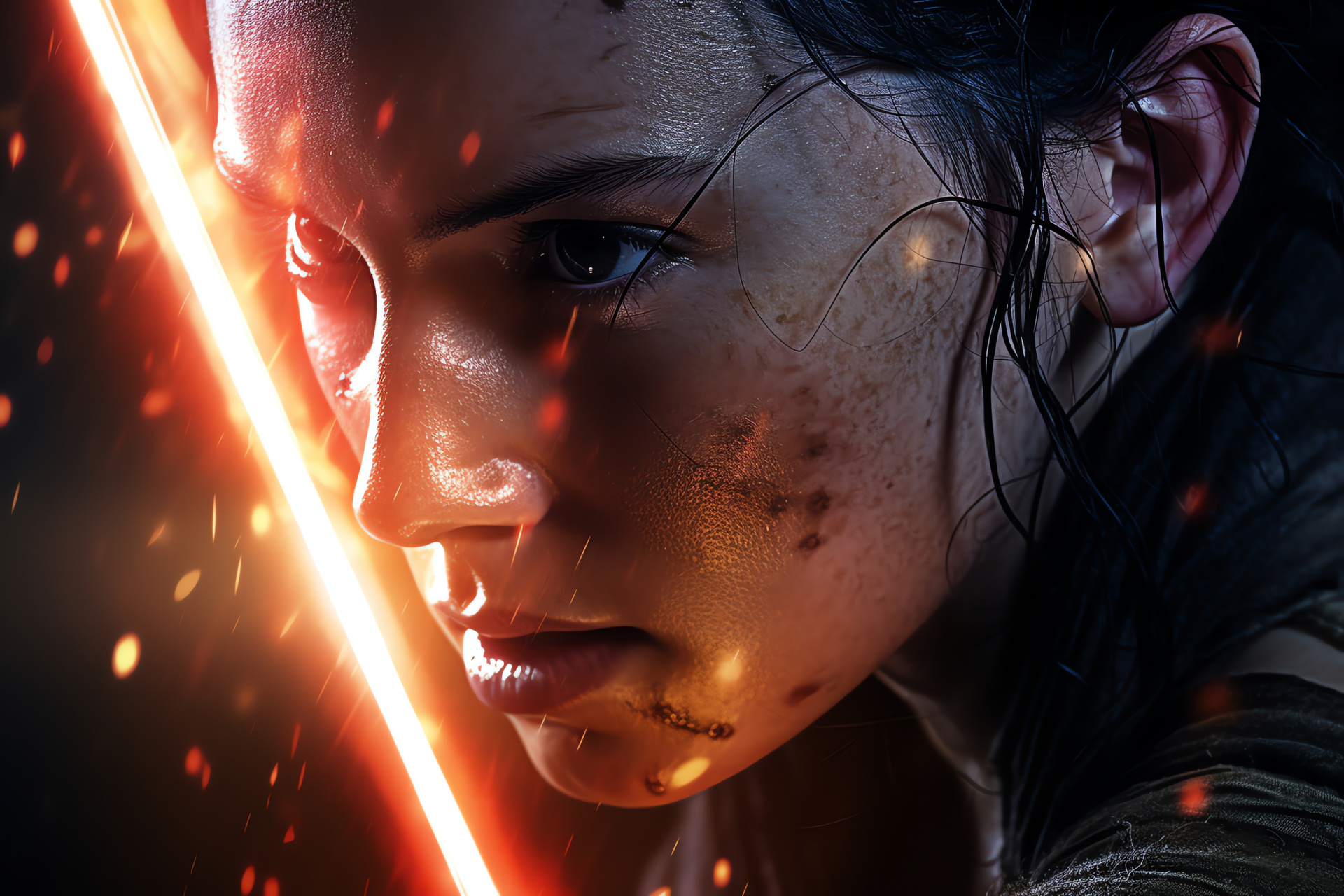 Rey battle sequence, Filmic lightsaber duel, Star Wars antagonist, Space opera, Epic conflict, HD Desktop Image