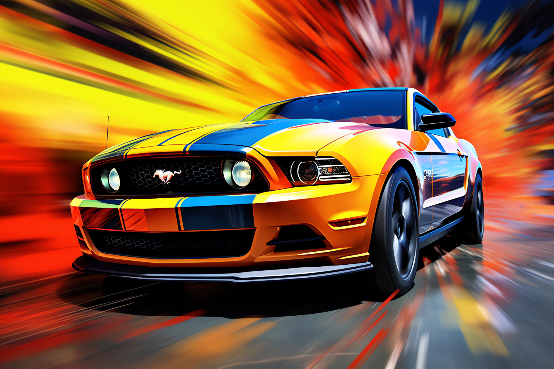 Mustang stance, Lively color palette, Broad landscape, Bold car charisma, Conspicuous backdrop, HD Desktop Wallpaper