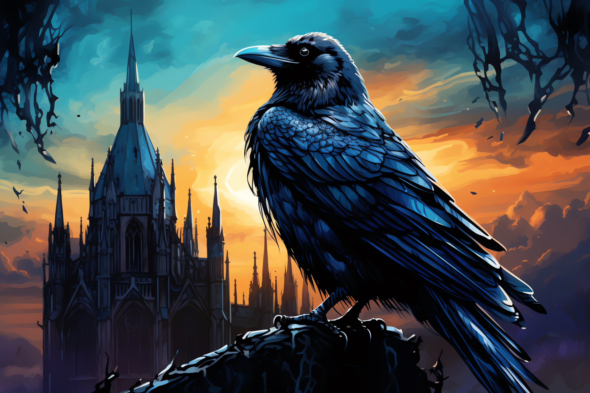 Raven dark feathers, gothic ambiance, cathedral guardian, mythical avian, panoramic architectural beauty, HD Desktop Wallpaper