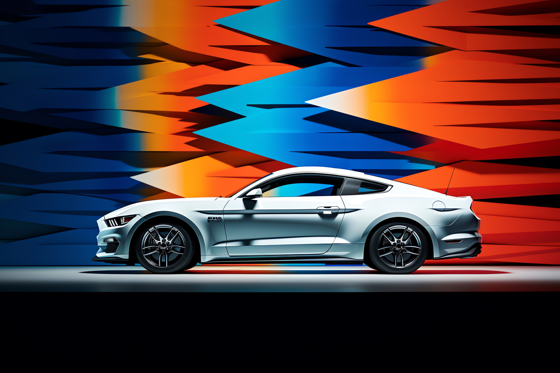 Ford Mustang GT350, Geometric pattern backdrop, Two-tone contrast, Lateral automotive aspect, HD Desktop Image