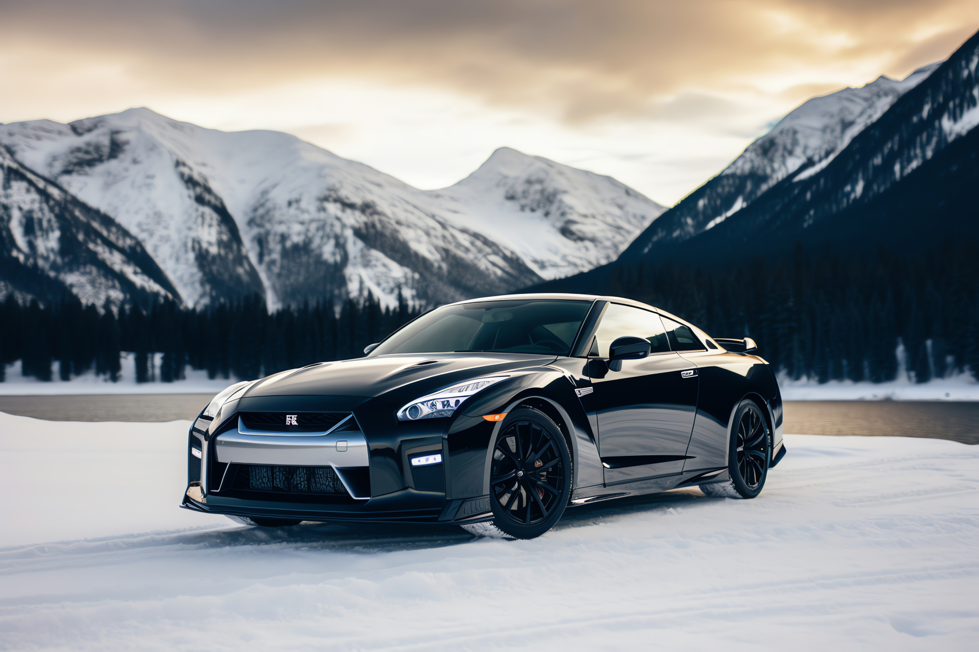Nissan GTR HD, Canadian Rockies background, GTR Black Edition model, Snow-covered terrains, Rugged outdoor settings, HD Desktop Image