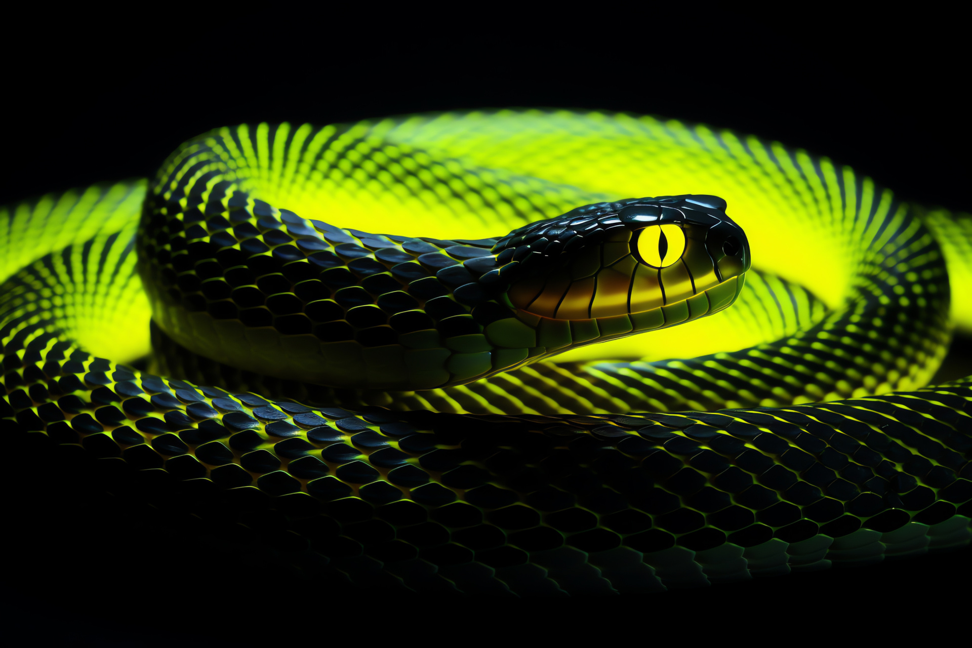 Radiant Neon Snake, Vibrant Reptilian, Black Contrast, Snake Charmers Dream, Bold Serpent, HD Desktop Image