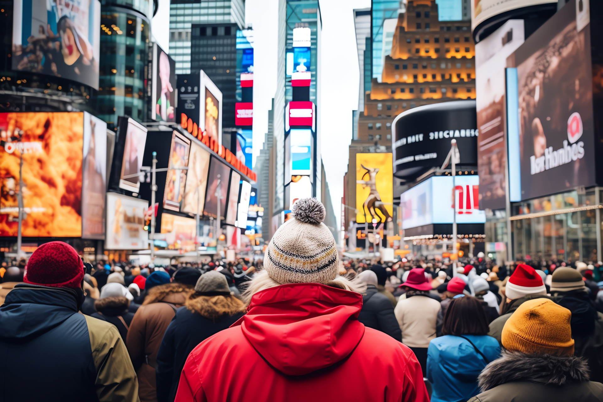 New York Christmas, Times Square spectacle, vibrant billboards, bustling digital display, holiday advertisements, HD Desktop Image