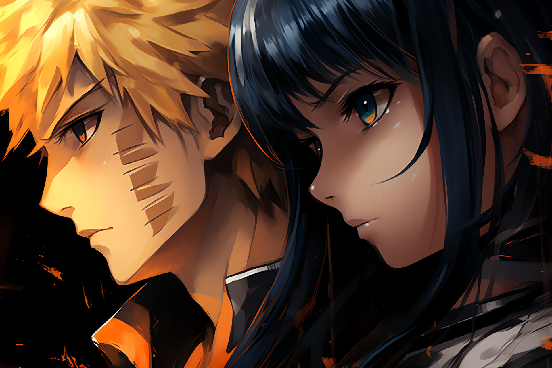 Naruto with Hinata, Ninja pair, Soft eyes, Gentle demeanor, Byakugan gaze, HD Desktop Image