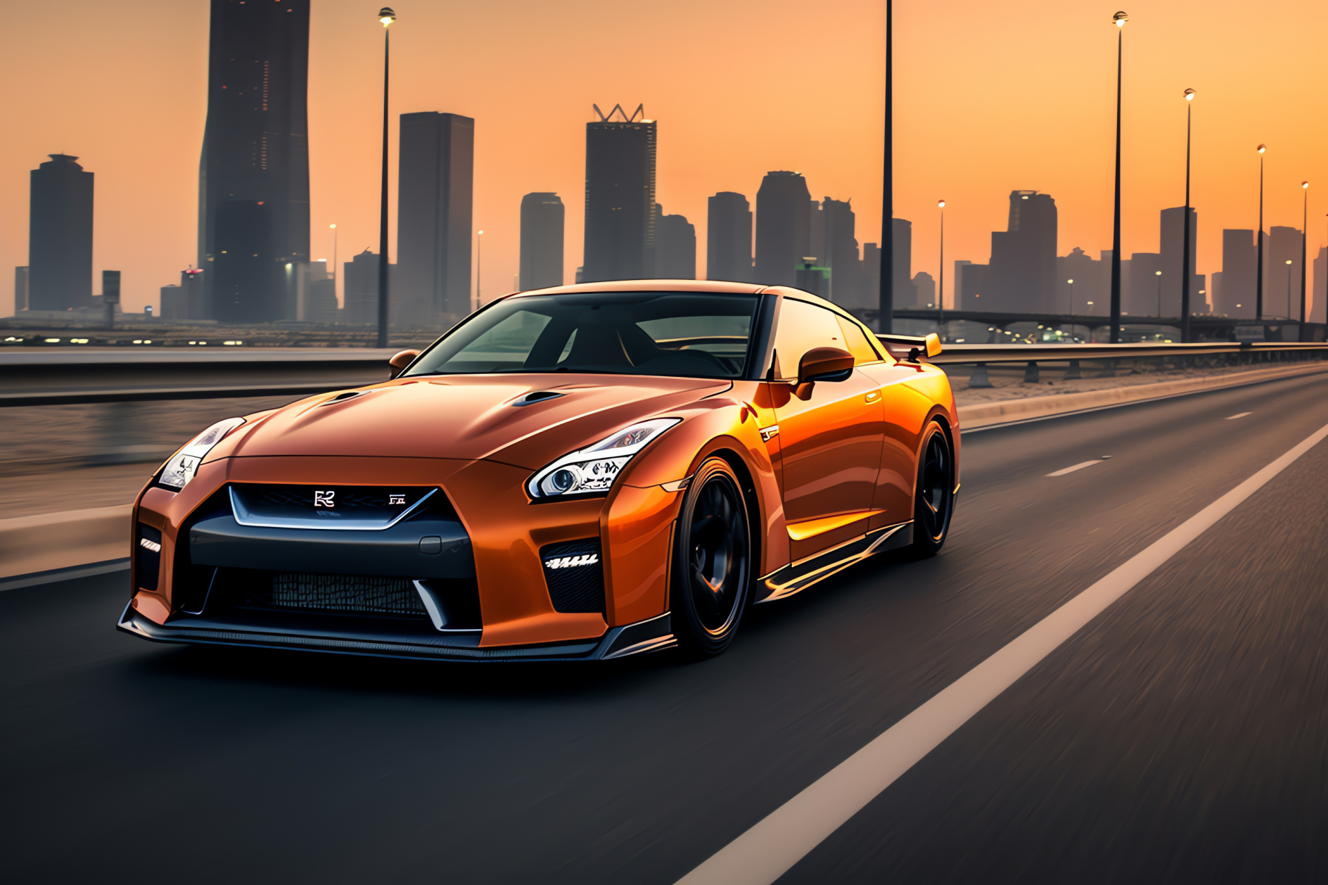 Veilside customized car, Nissan GT-R model, Middle Eastern metropolis, High-performance driving, Urban skyline contrast, HD Desktop Image