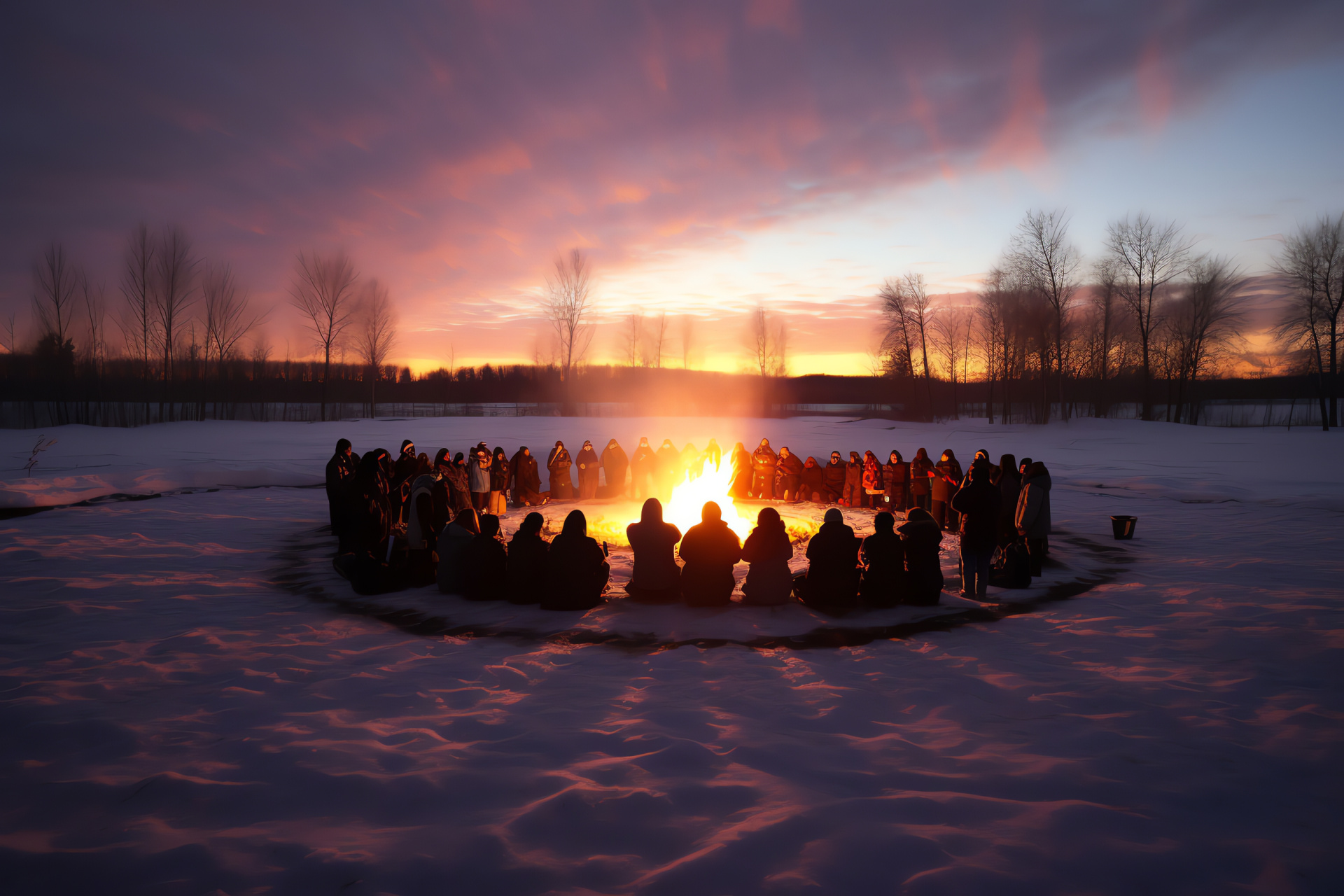 Pagan Solstice ritual, communal fire celebration, festive gathering, ceremonial traditions, midwinter warmth, HD Desktop Wallpaper