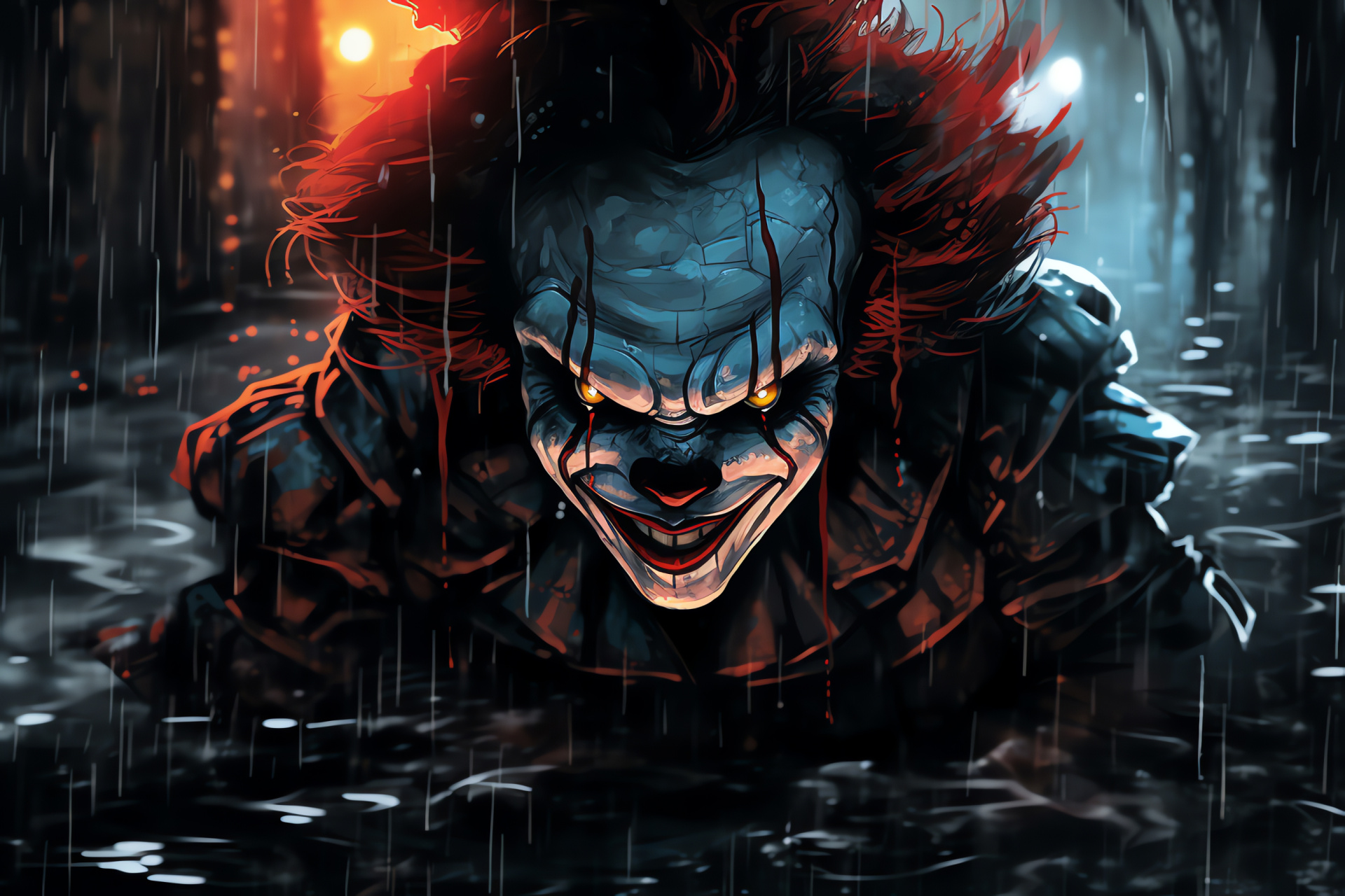 Pennywise The Clown, storm ambiance, darkened alley, rain-drenched cityscape, supernatural glow, HD Desktop Image