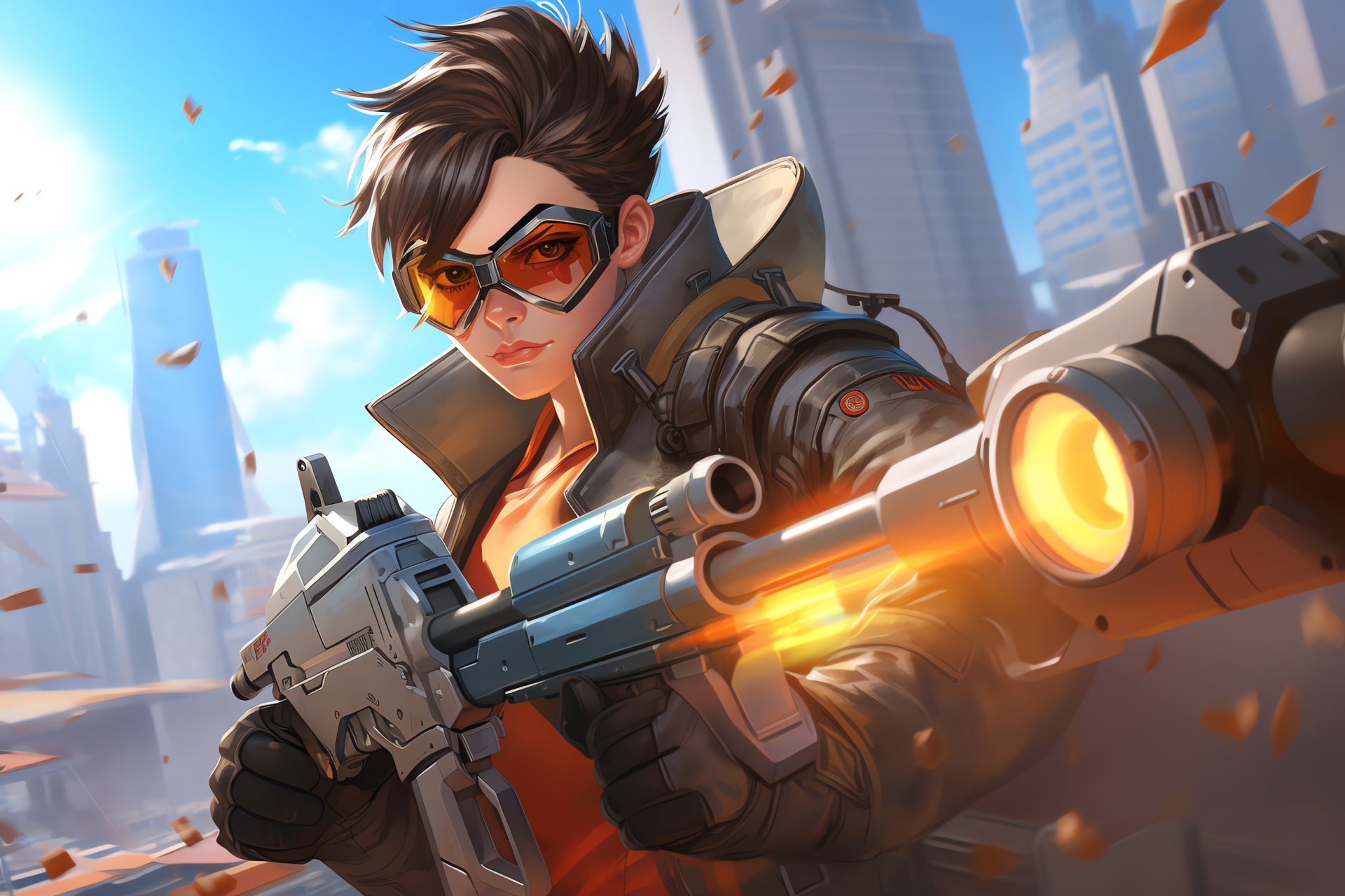 Overwatch Tracer, Handgun expertise, Future skyline, Architectural dominion, Brave combatant, HD Desktop Wallpaper